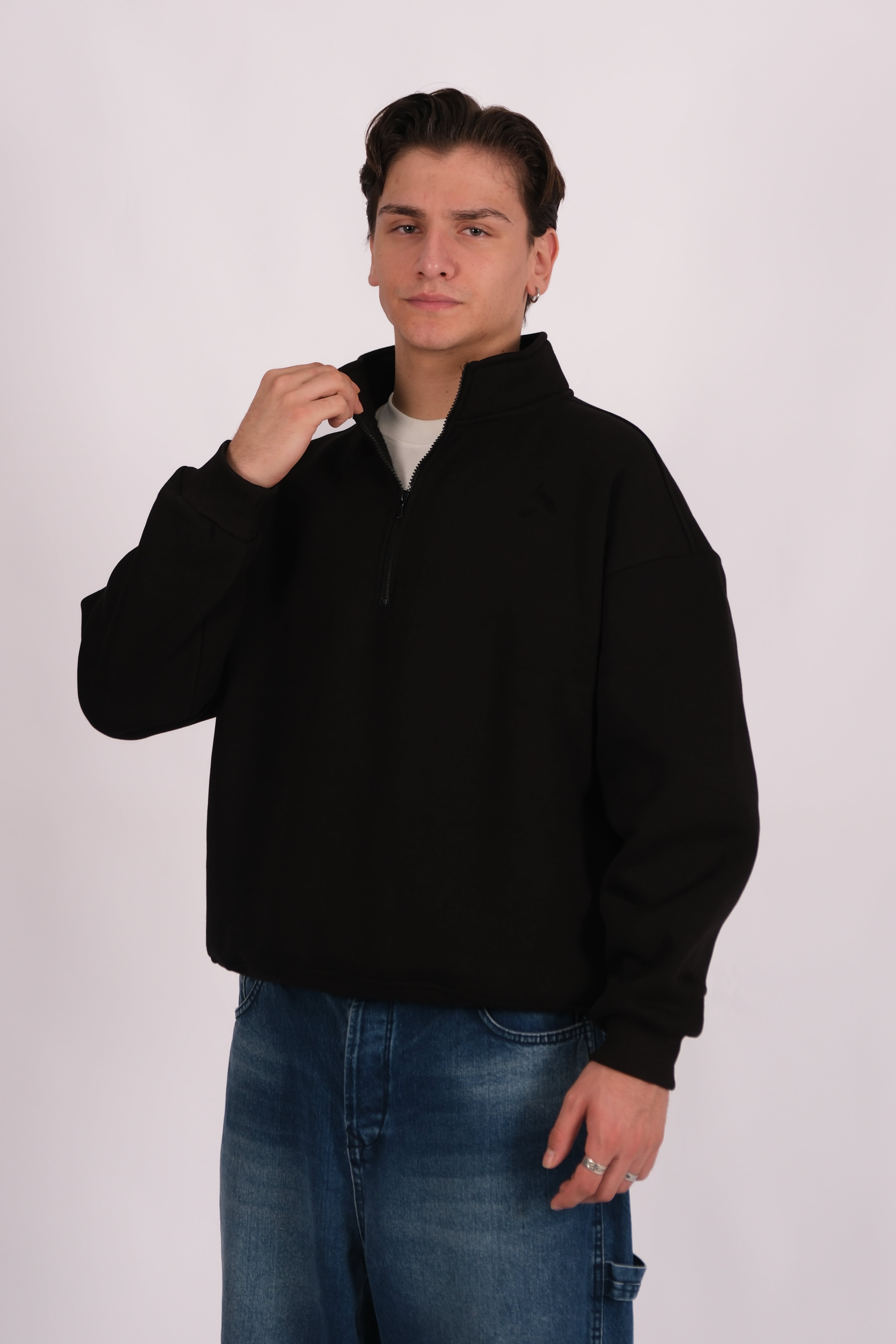 Half Zip Oversize Polo Yaka Sweatshirt - Siyah