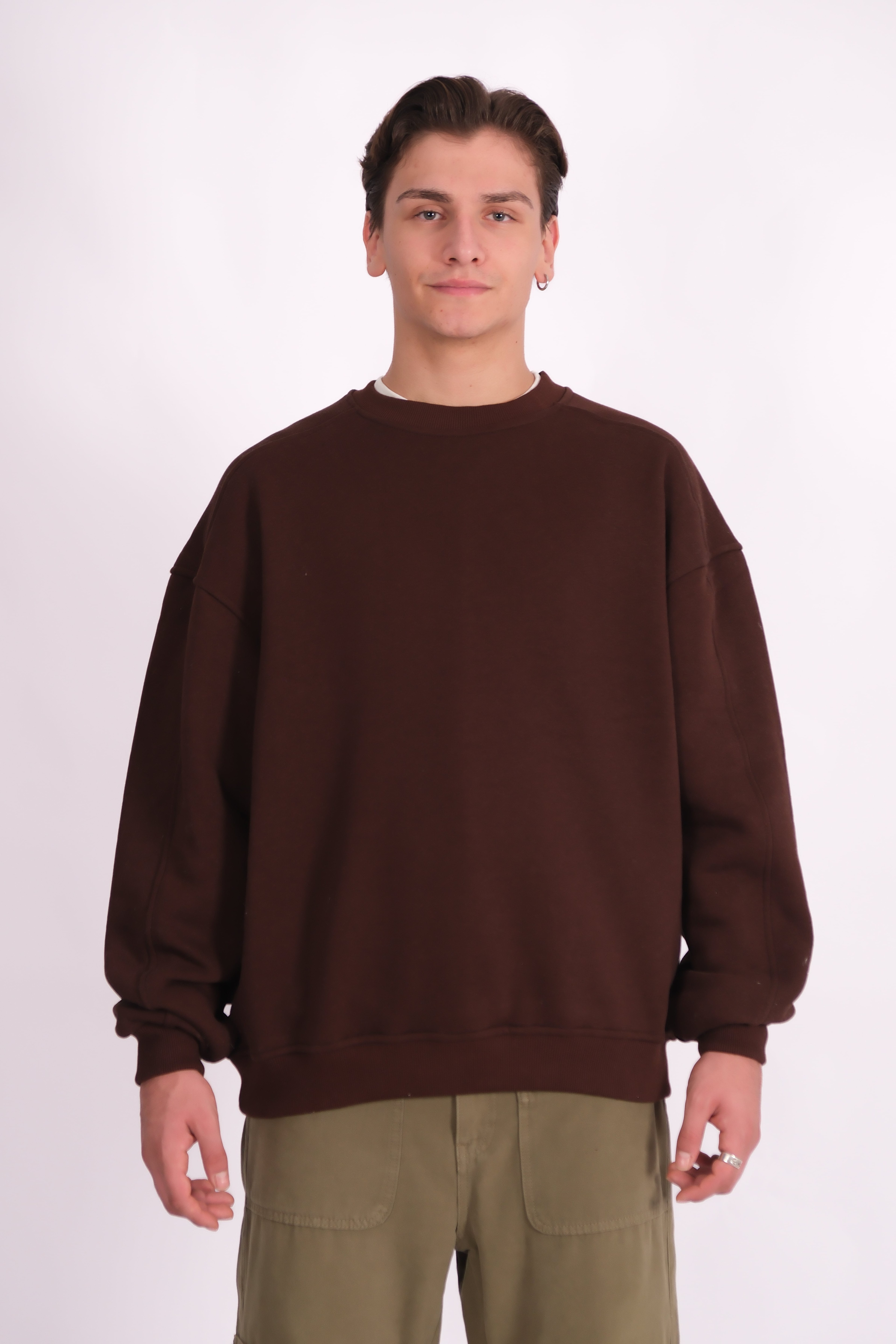 Bisiklet Yaka Basic Oversize Sweatshirt - Kahverengi