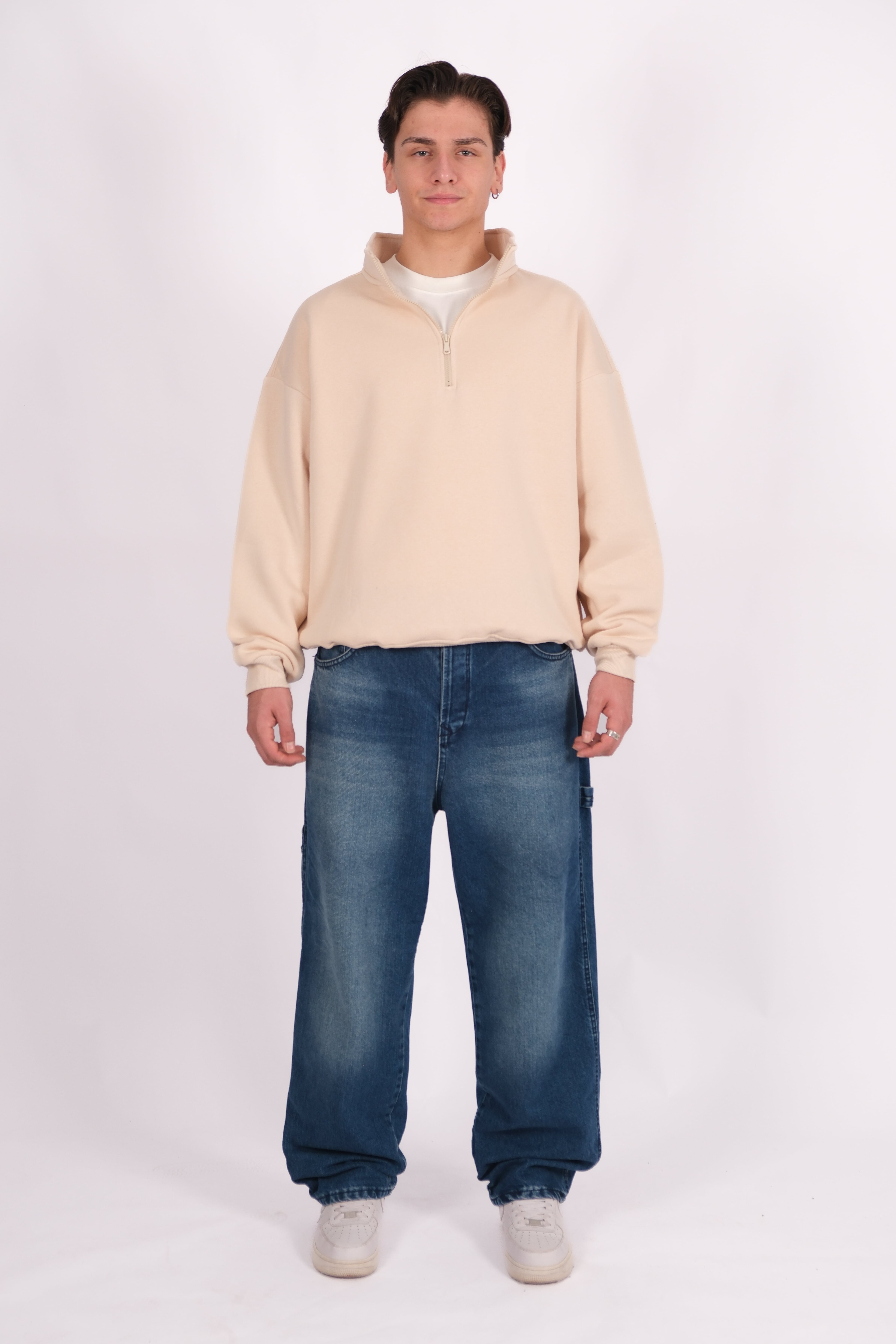 Half Zip Oversize Polo Yaka Sweatshirt - Bej