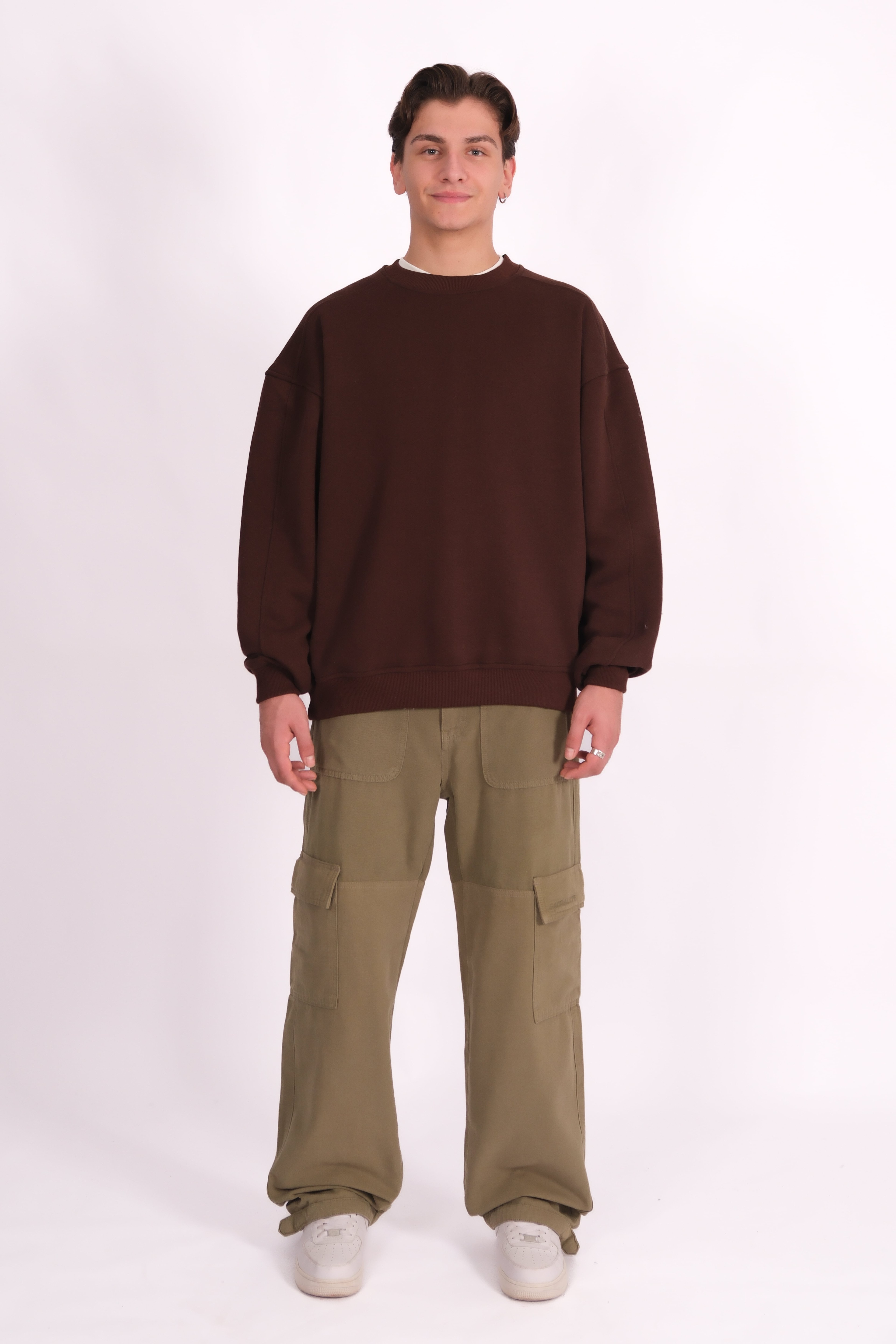 Bisiklet Yaka Basic Oversize Sweatshirt - Kahverengi