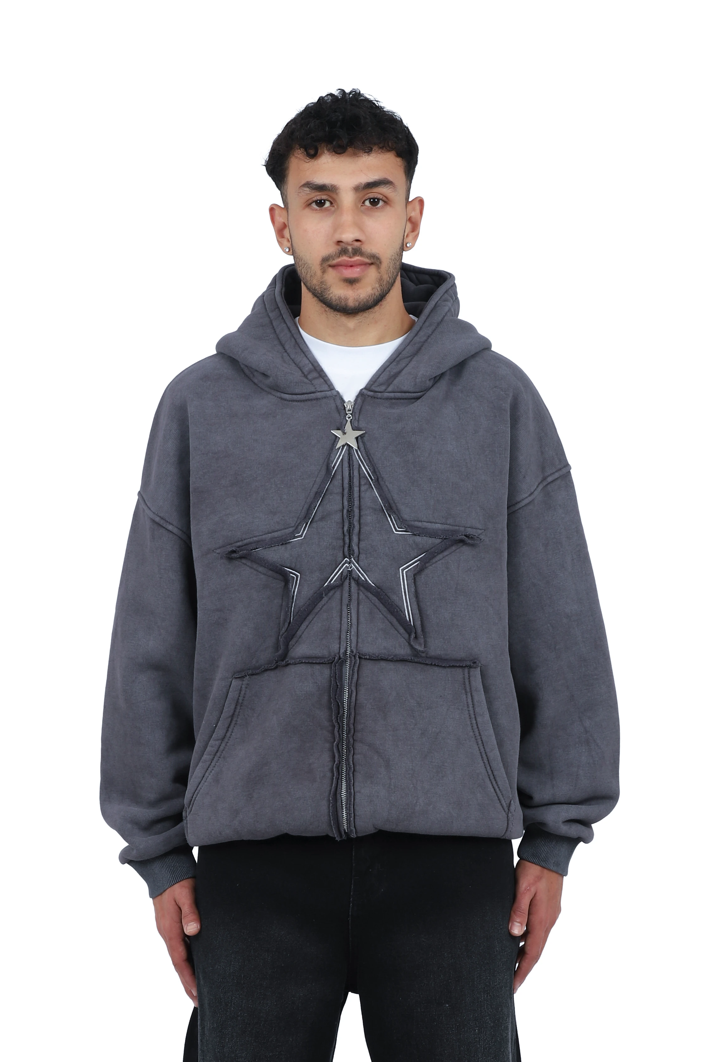 Premium Acid  Star Washed Nakışlı Boxy Full-Zip - Gri