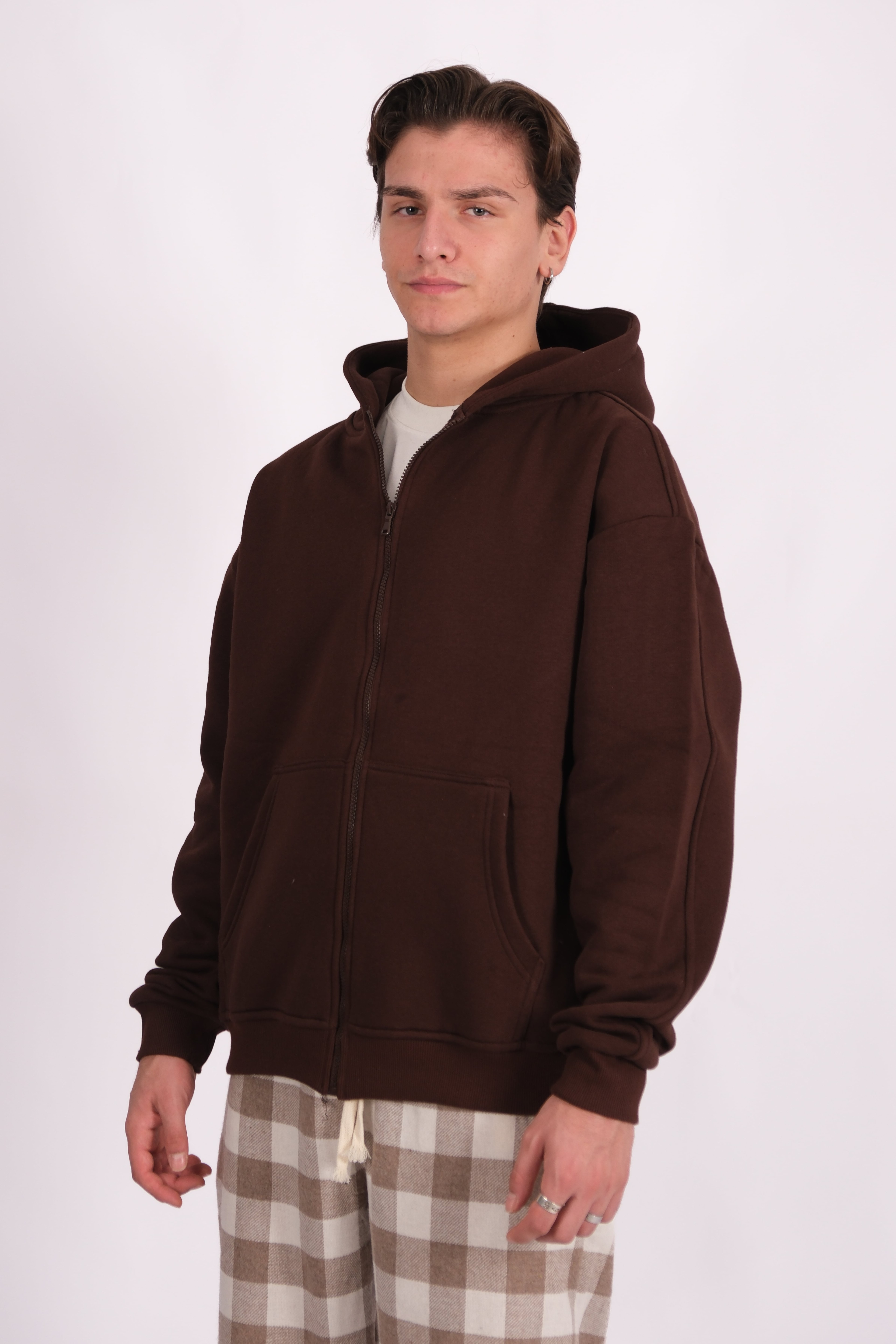 Basic Zip Hoodie - Kahverengi