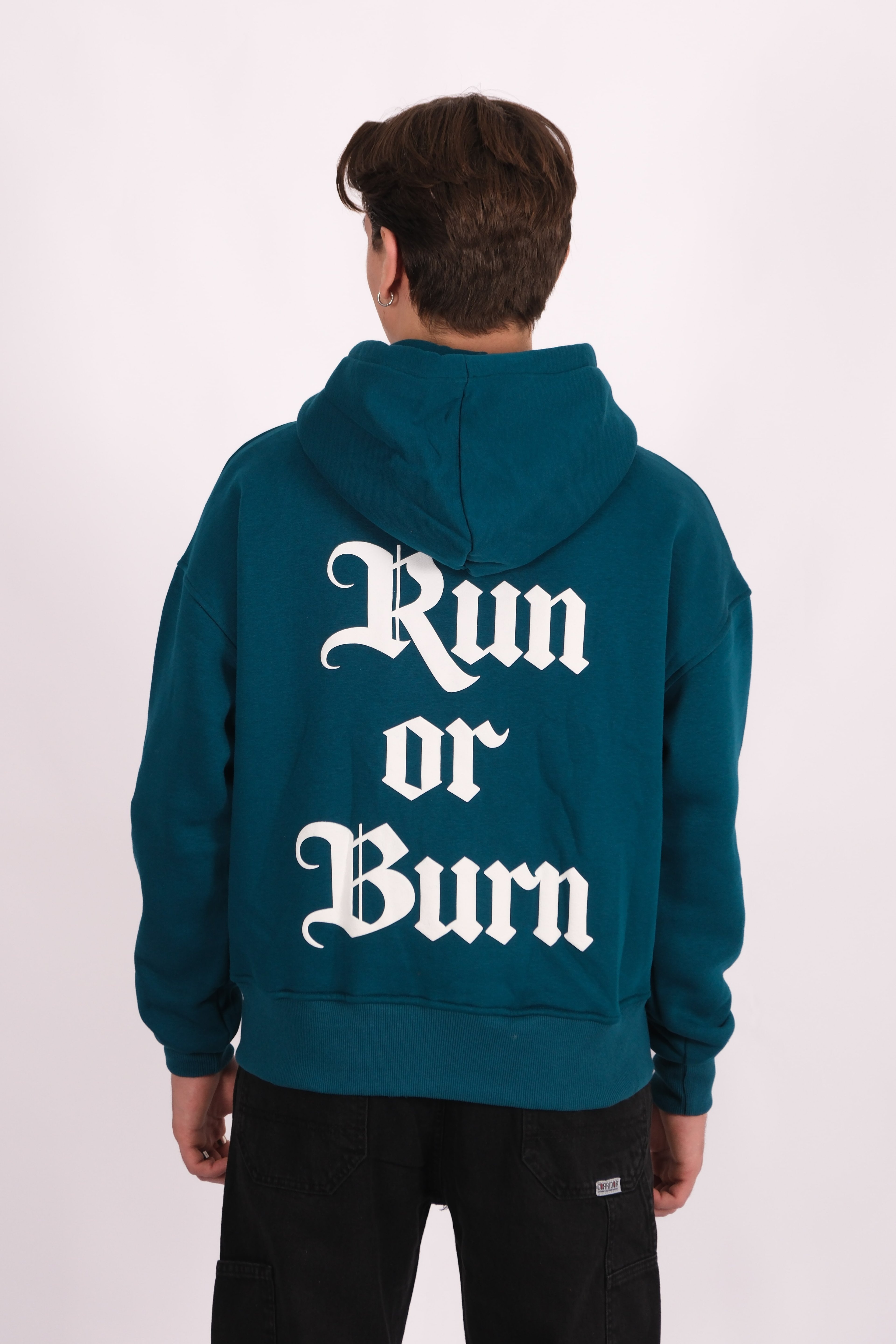 Run or Burn Oversize Premium Zip Hoodie - Petrol Yeşili