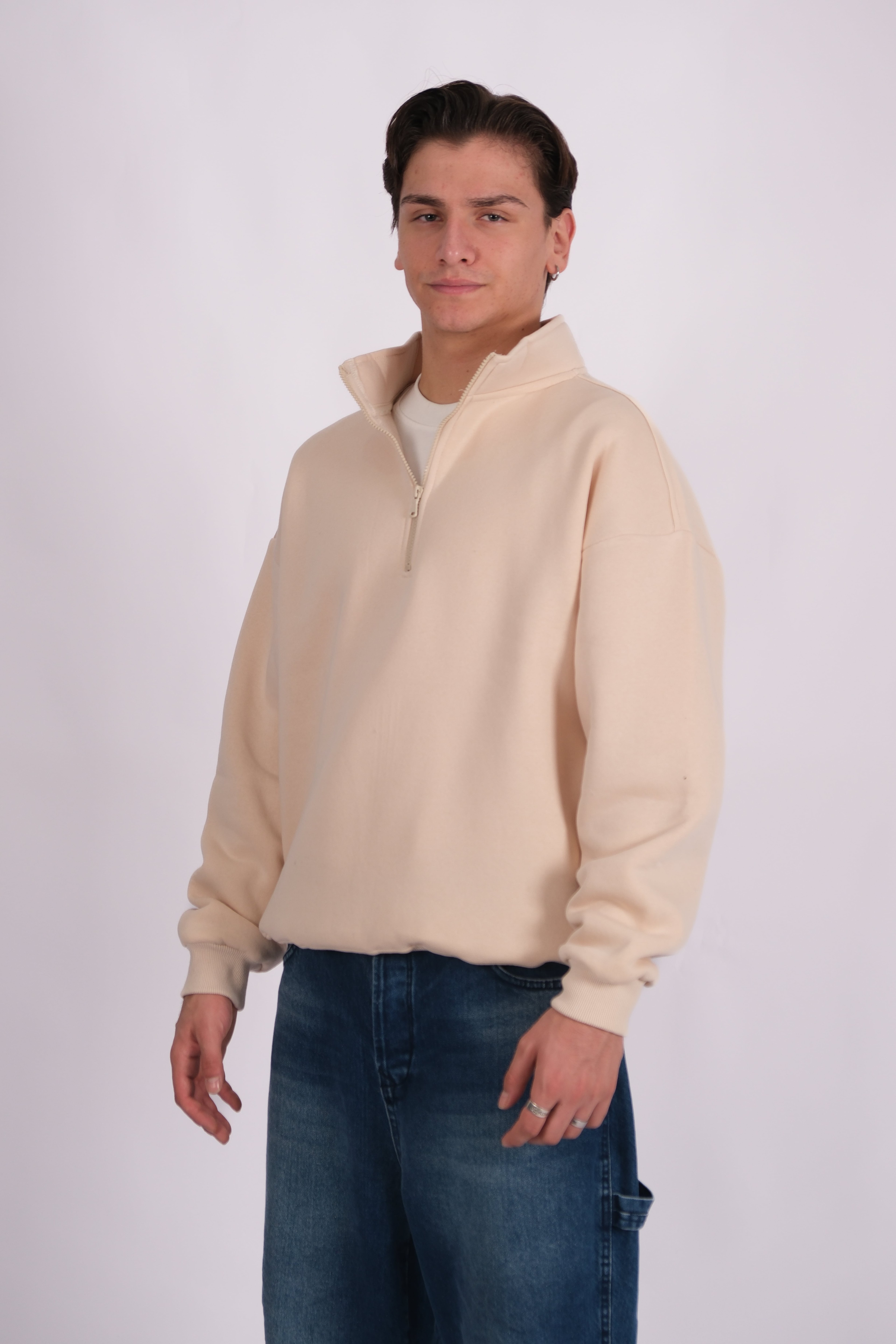 Half Zip Oversize Polo Yaka Sweatshirt - Bej