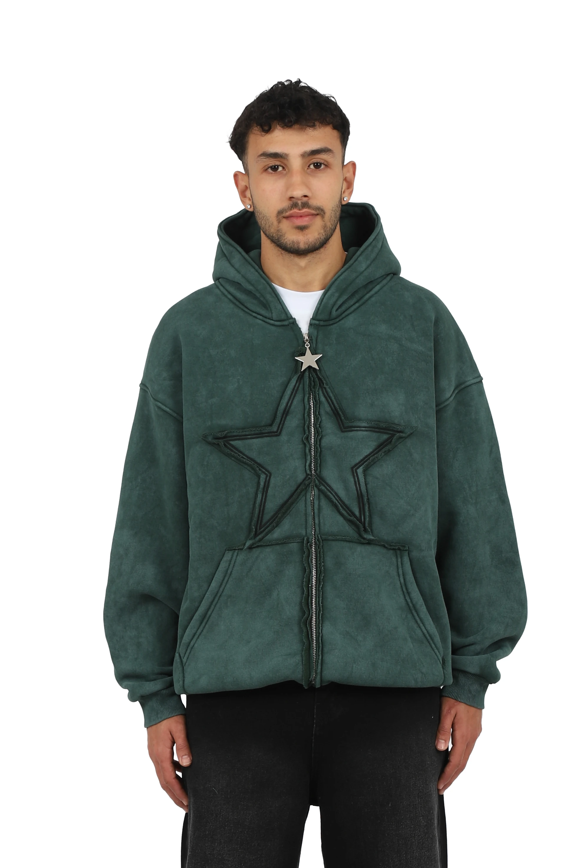 Premium Acid  Star Washed Nakışlı Boxy Full-Zip - Yeşil