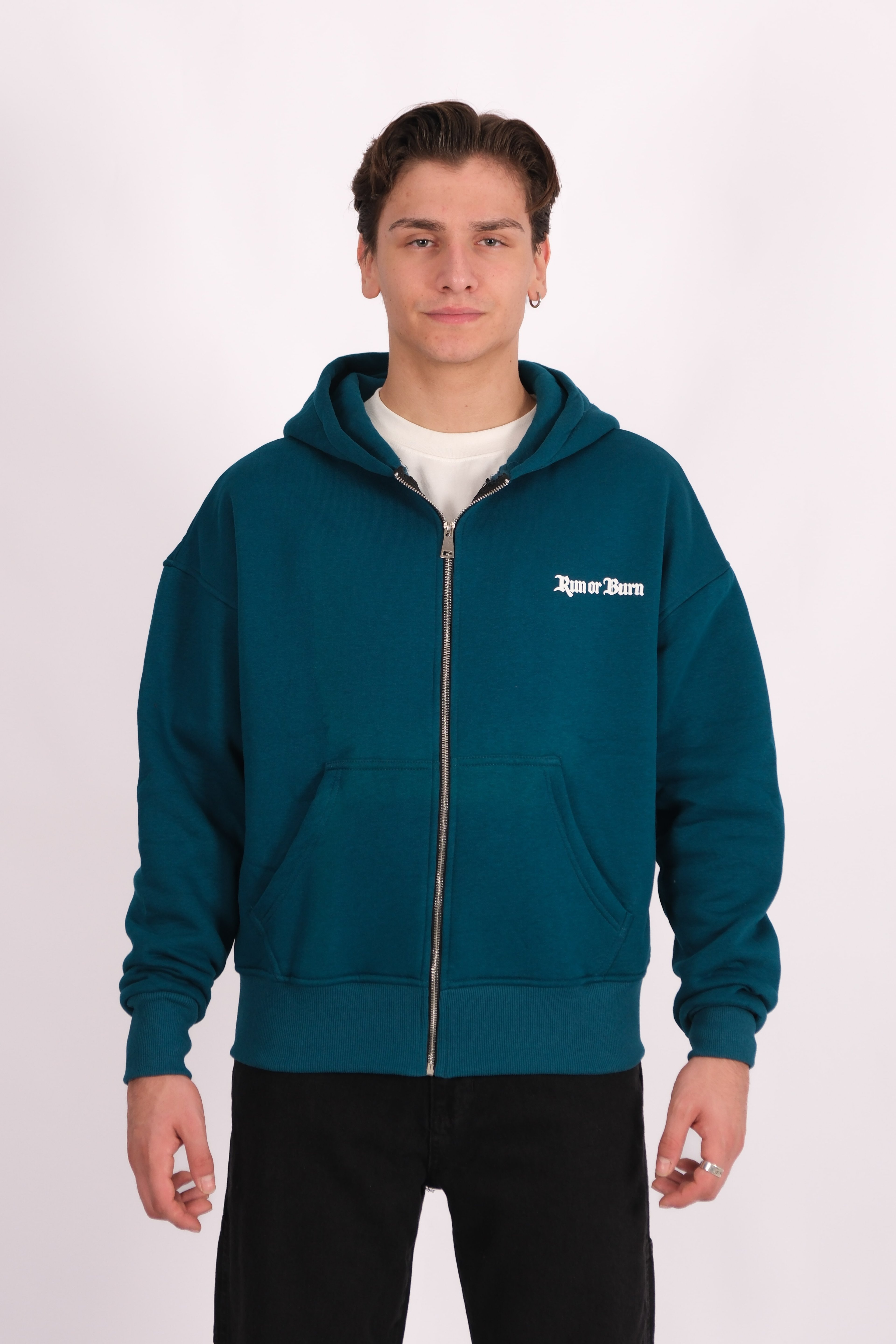 Run or Burn Oversize Premium Zip Hoodie - Petrol Yeşili