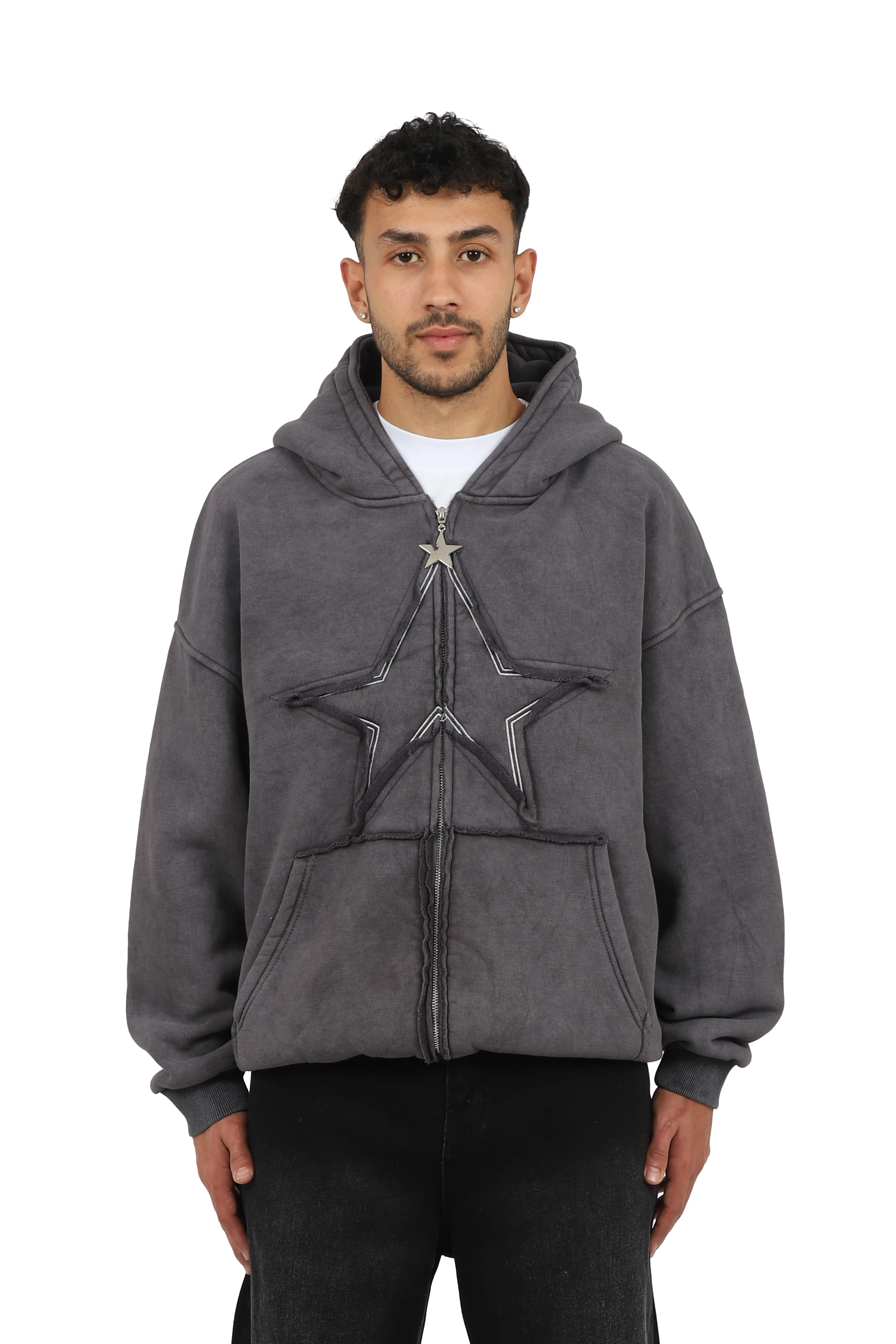 Premium Acid  Star Washed Nakışlı Boxy Full-Zip - Gri