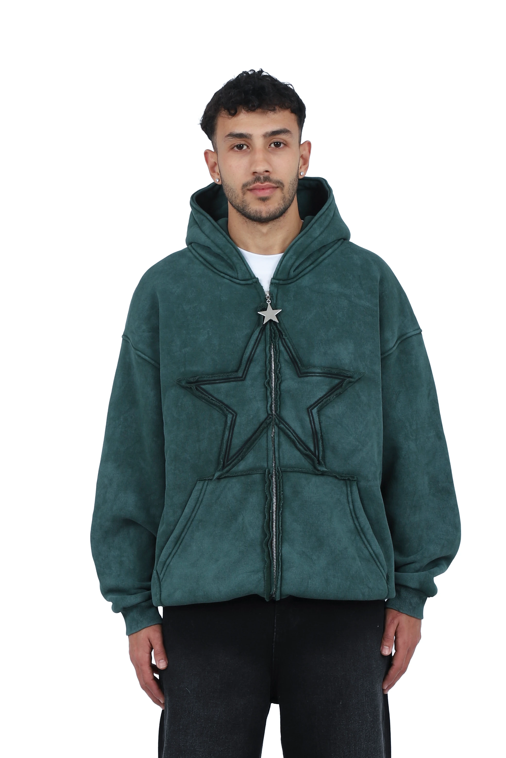 Premium Acid  Star Washed Nakışlı Boxy Full-Zip - Yeşil