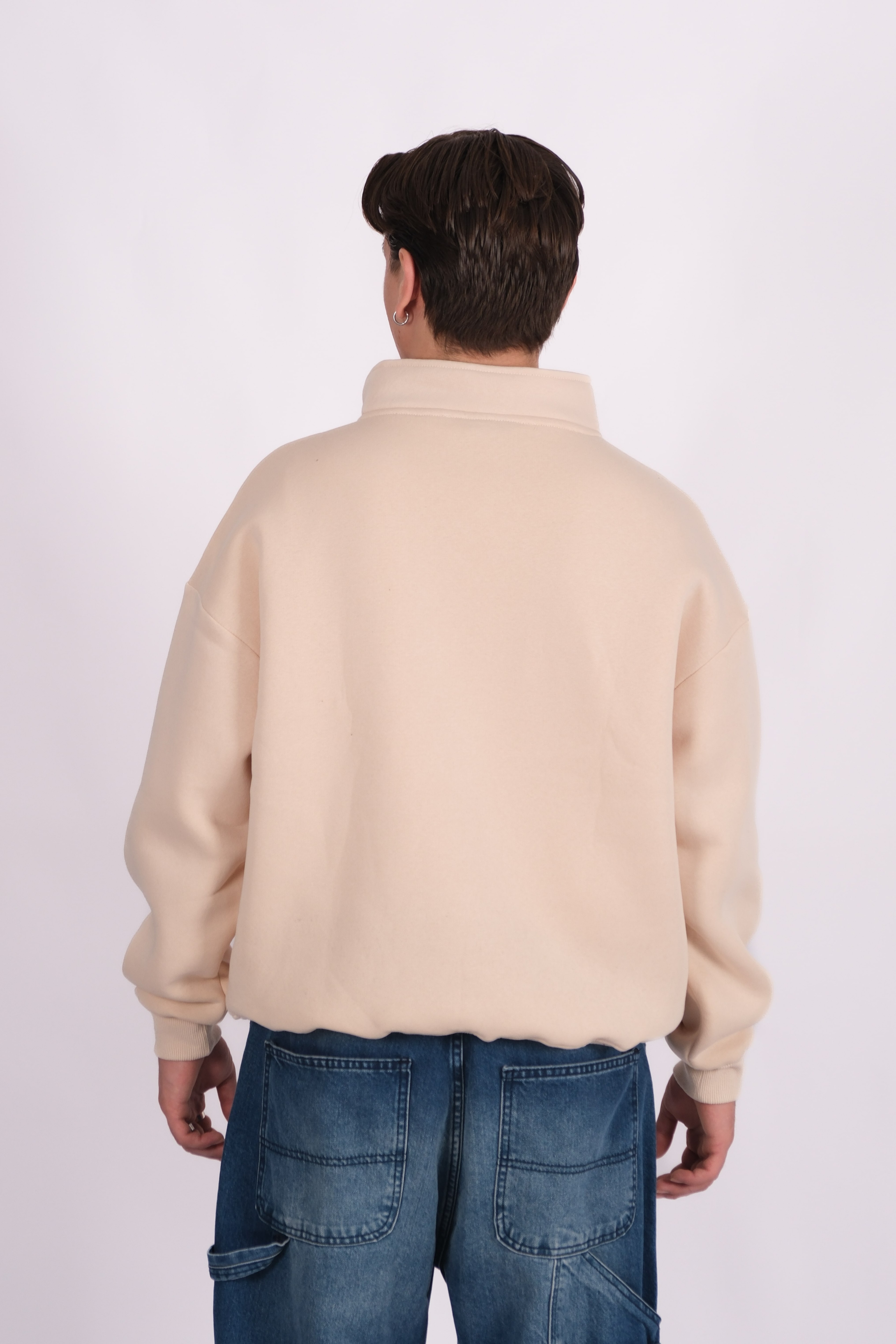 Half Zip Oversize Polo Yaka Sweatshirt - Bej