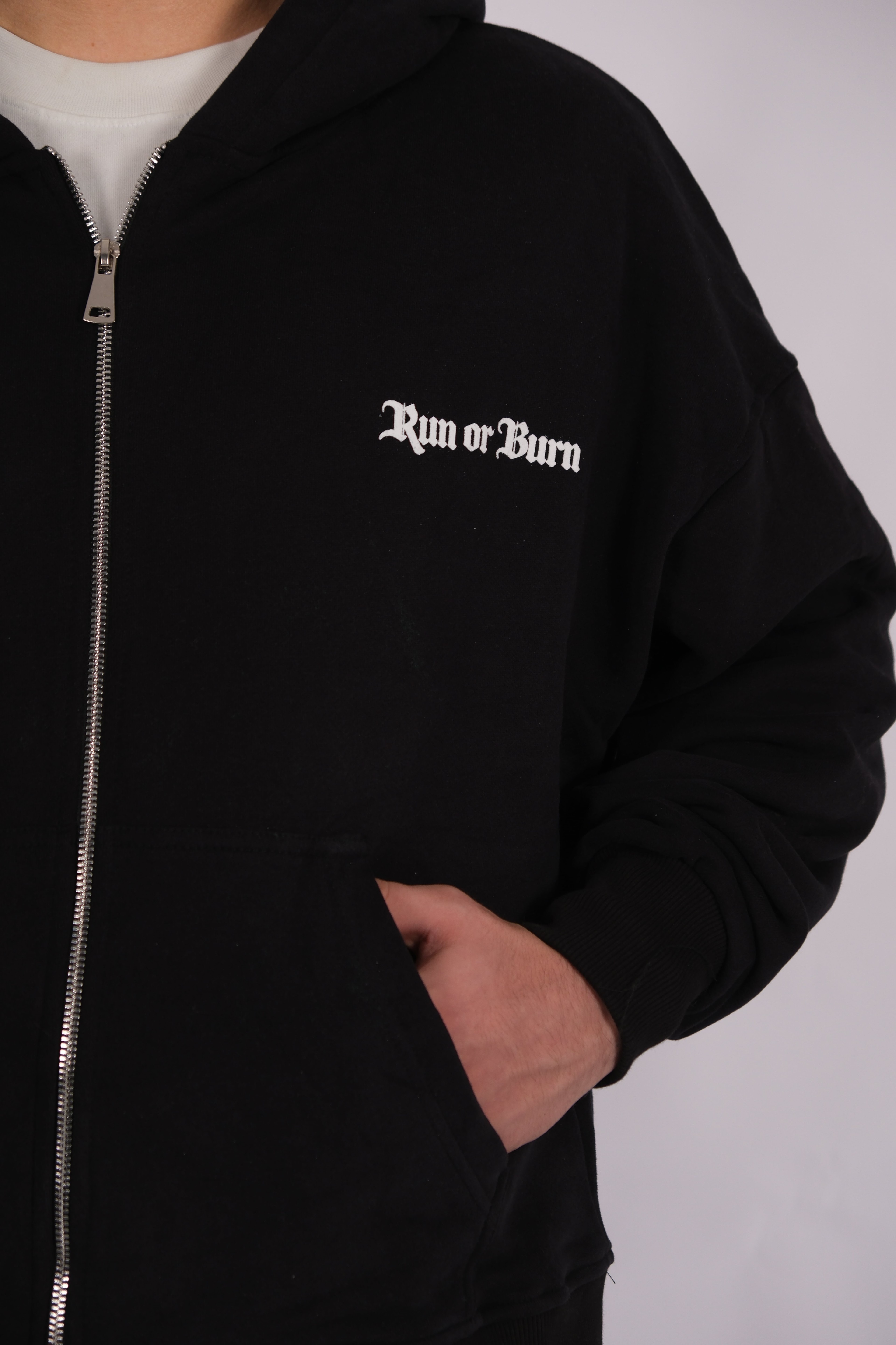 Run or Burn Oversize Premium Zip Hoodie - Siyah