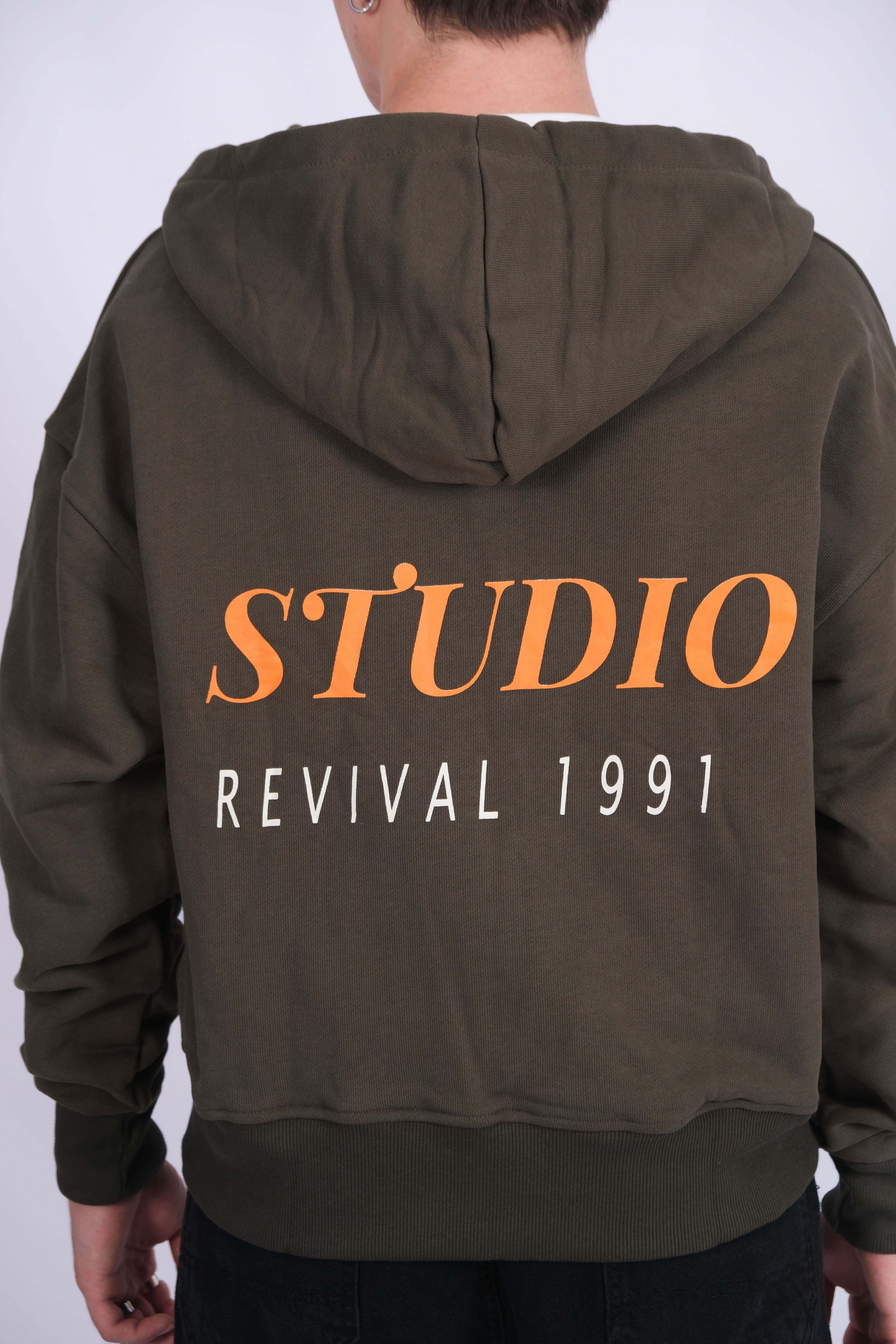 Studio Revival 1991 Baskılı Haki Oversize Hoodie