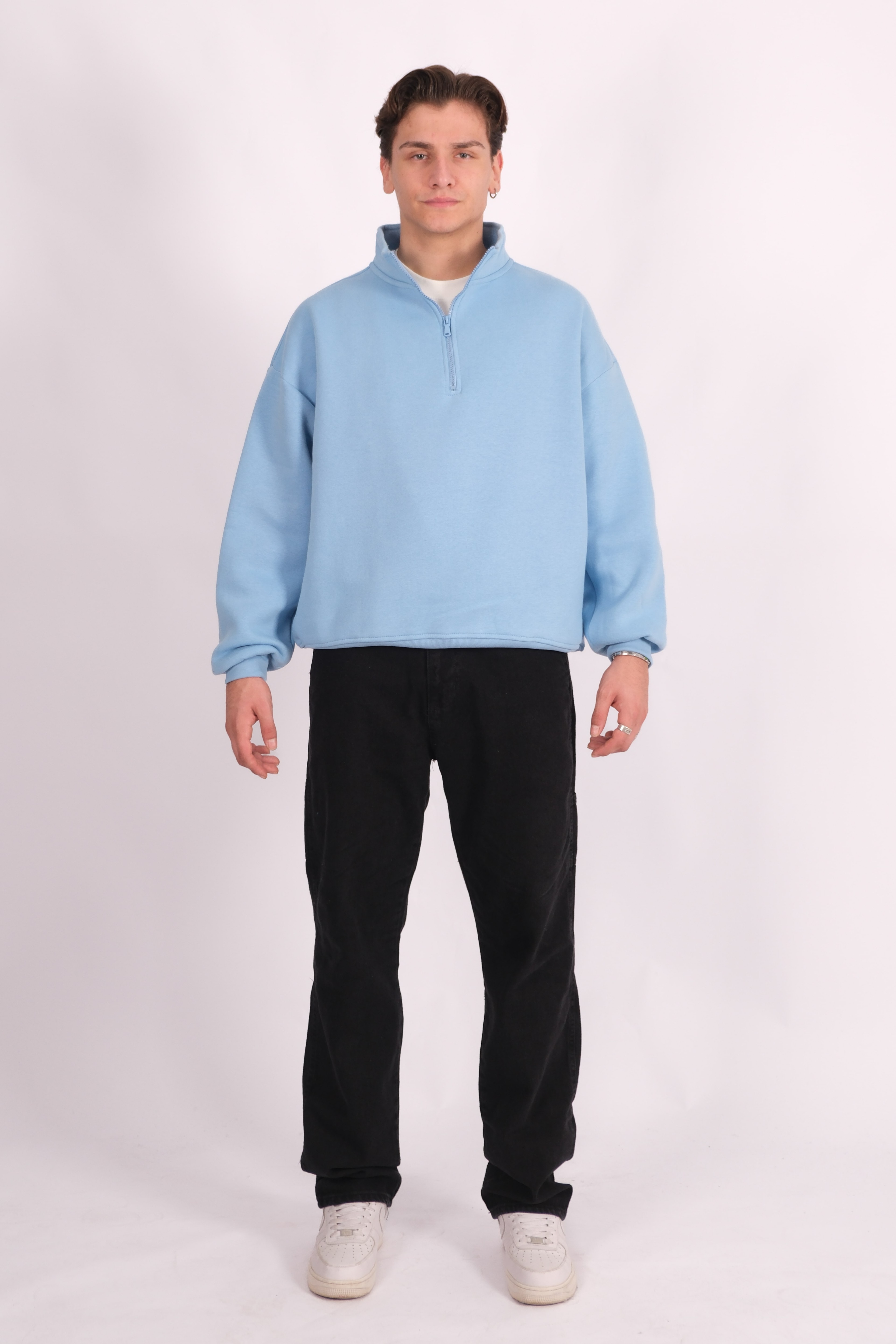 Half Zip Oversize Polo Yaka Sweatshirt - Bebek Mavisi