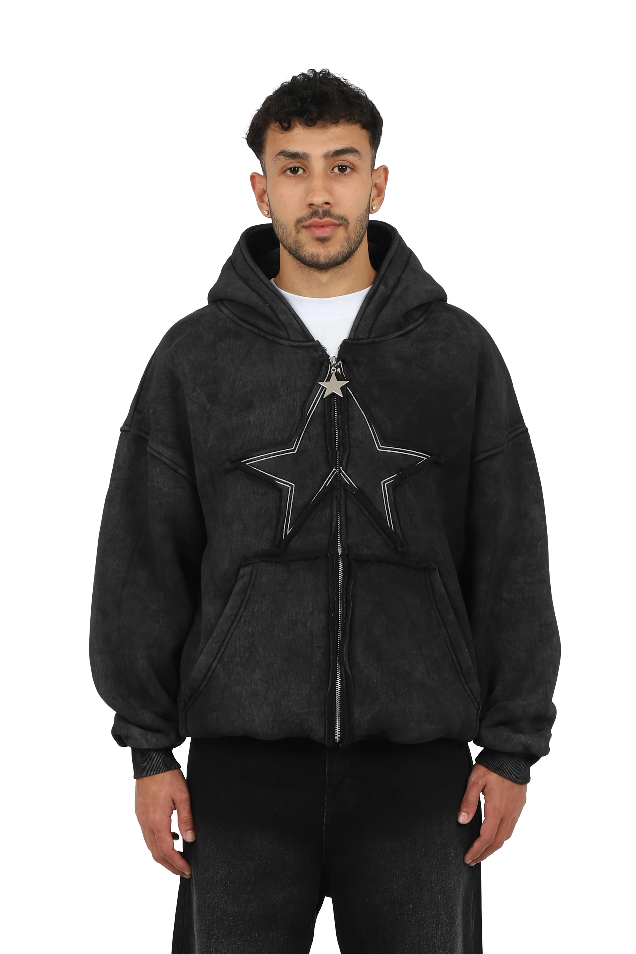 Premium Acid  Star Washed Nakışlı Boxy Full-Zip - Siyah