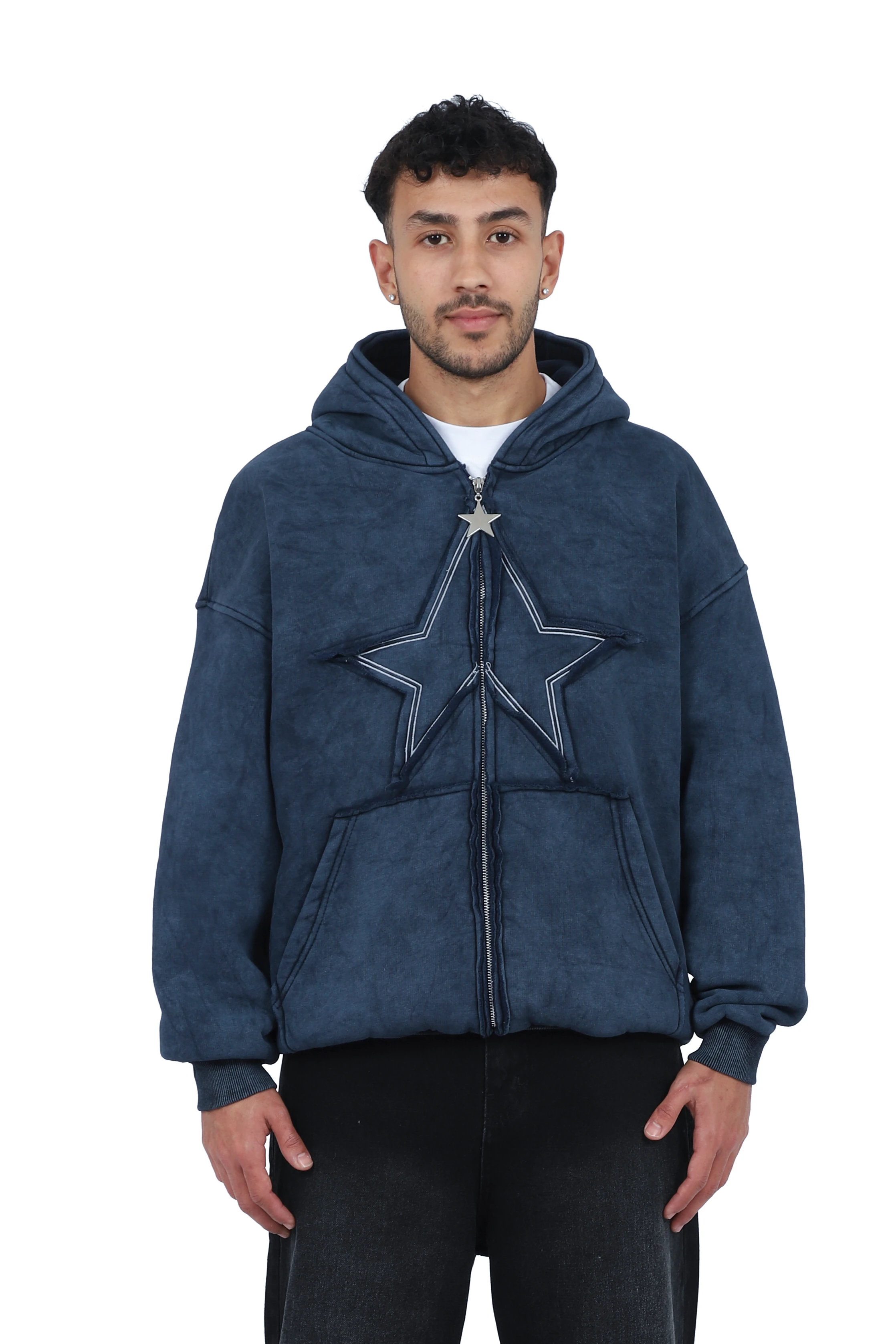Premium Acid  Star Washed Nakışlı Boxy Full-Zip - Lacivert