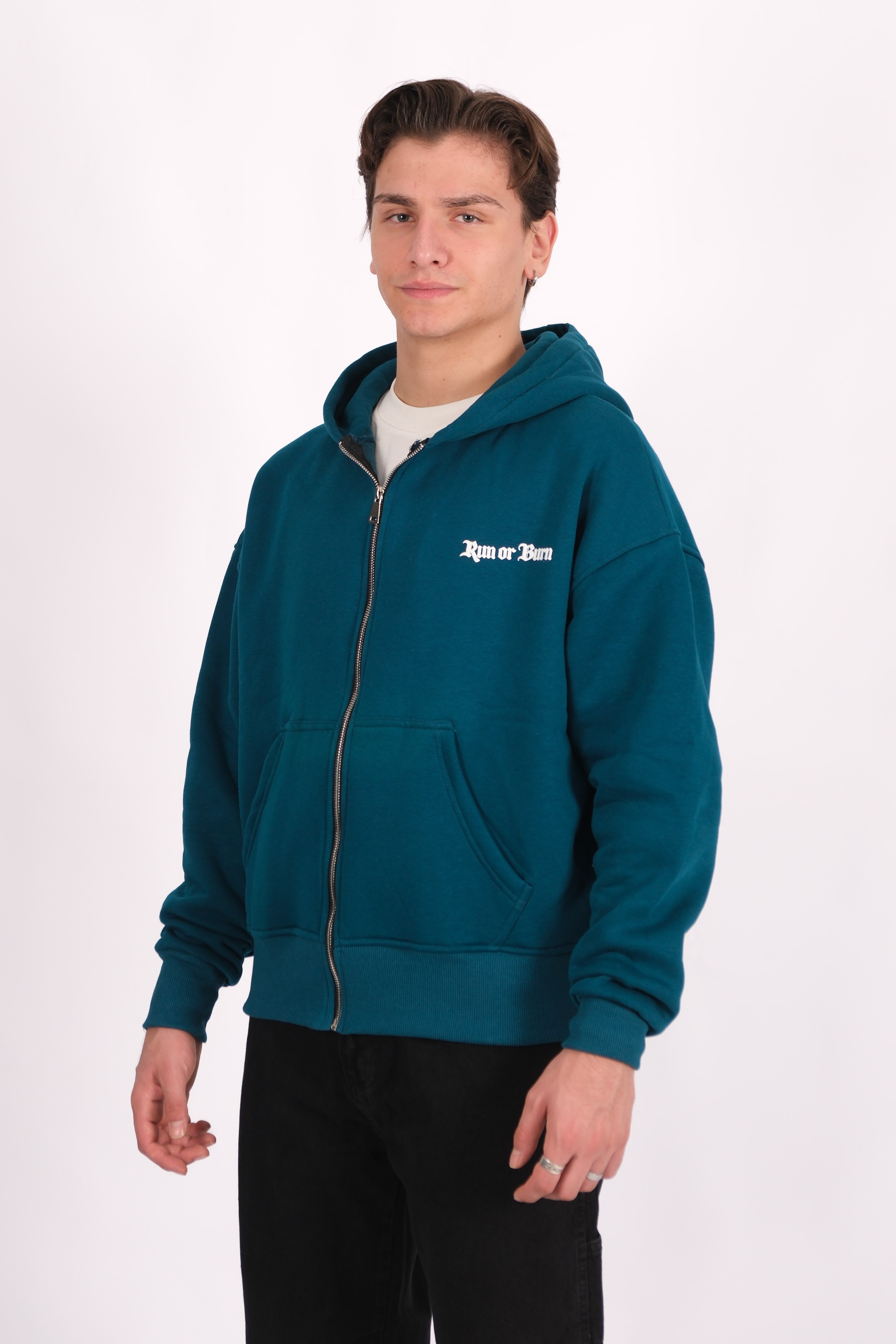 Run or Burn Oversize Premium Zip Hoodie - Petrol Yeşili