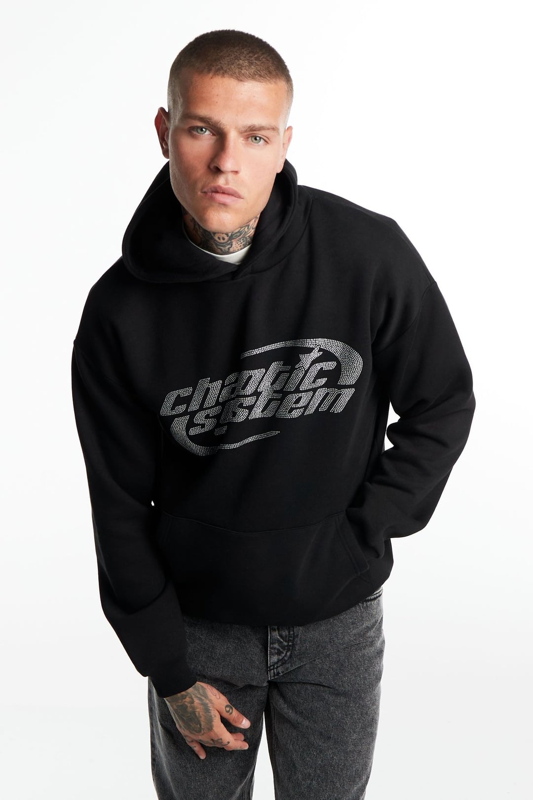 CHAOTIC SYSTEM Siyah Taş Baskı Detaylı Oversize Hoodie