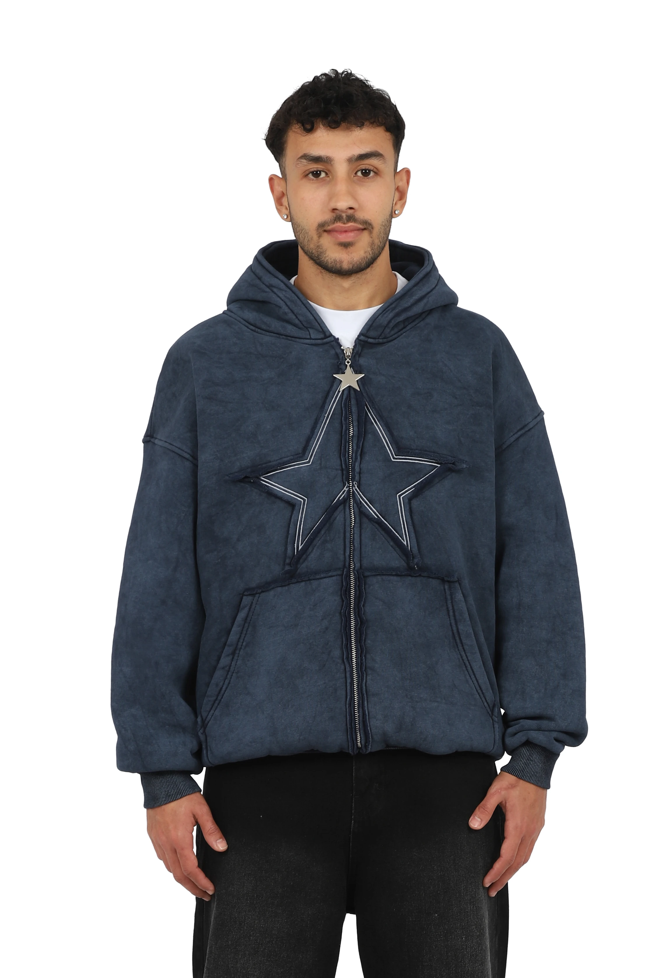 Premium Acid  Star Washed Nakışlı Boxy Full-Zip - Lacivert