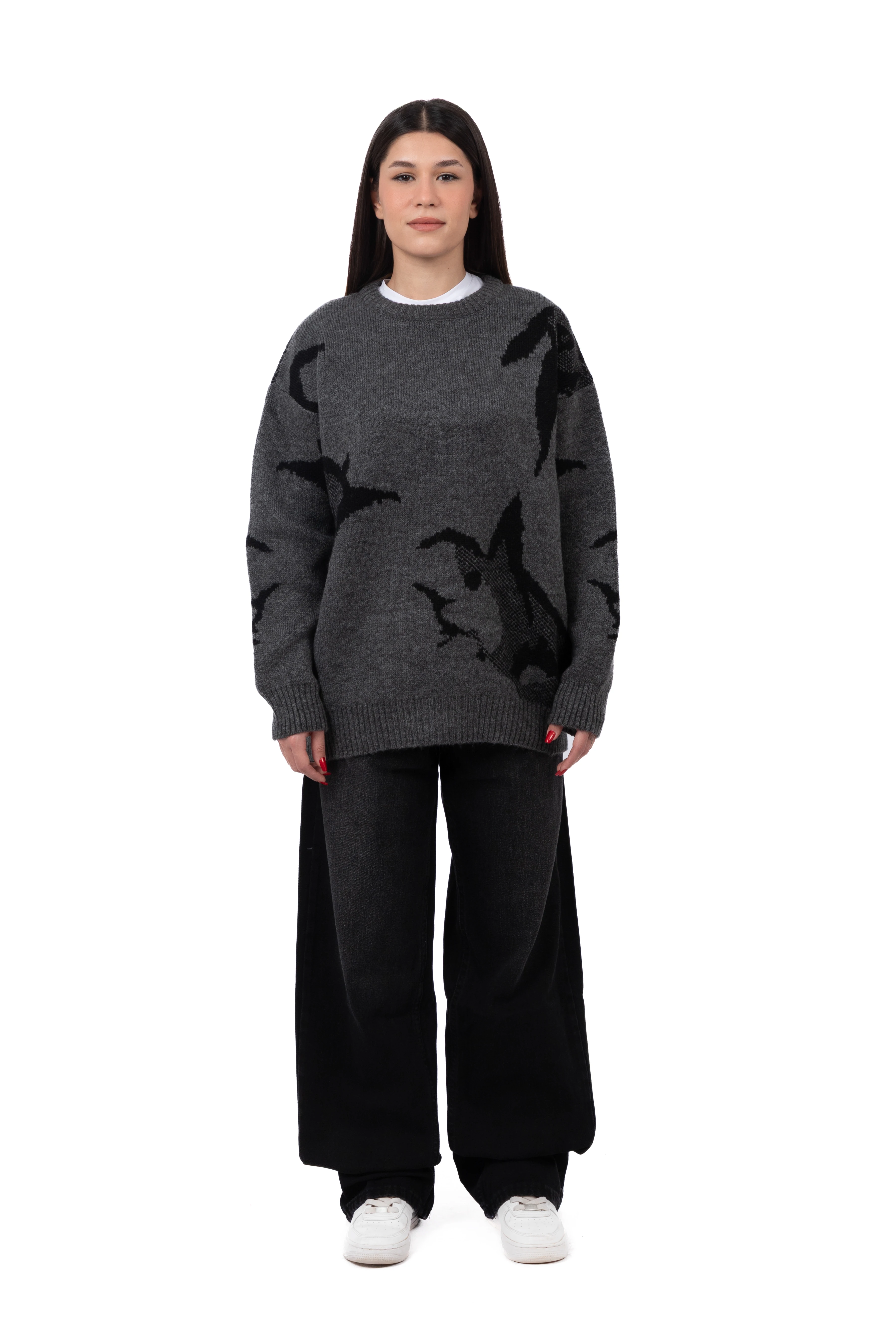 Silhouette Desenli Tüylü Premium Oversize Kazak