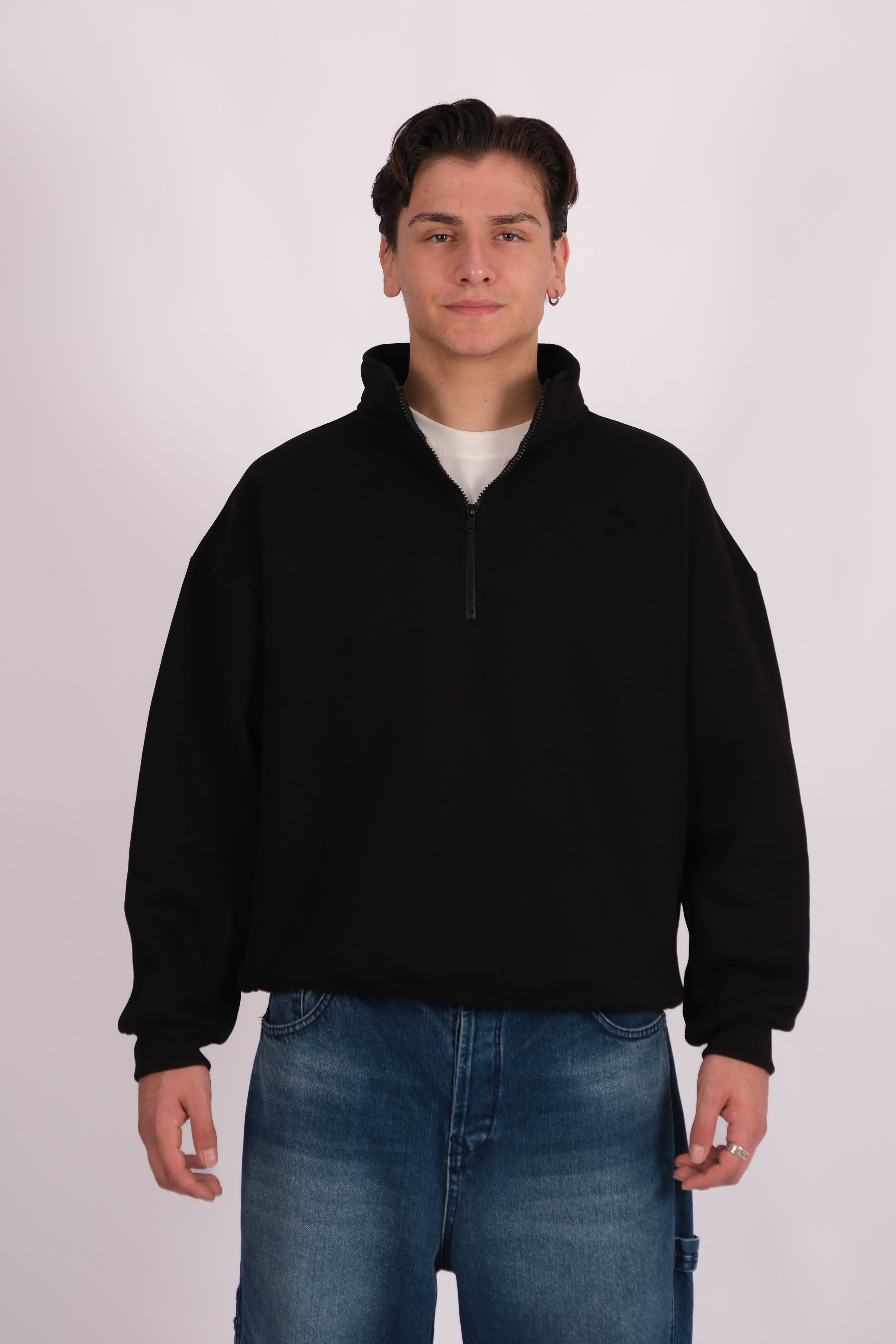 Half Zip Oversize Polo Yaka Sweatshirt - Siyah