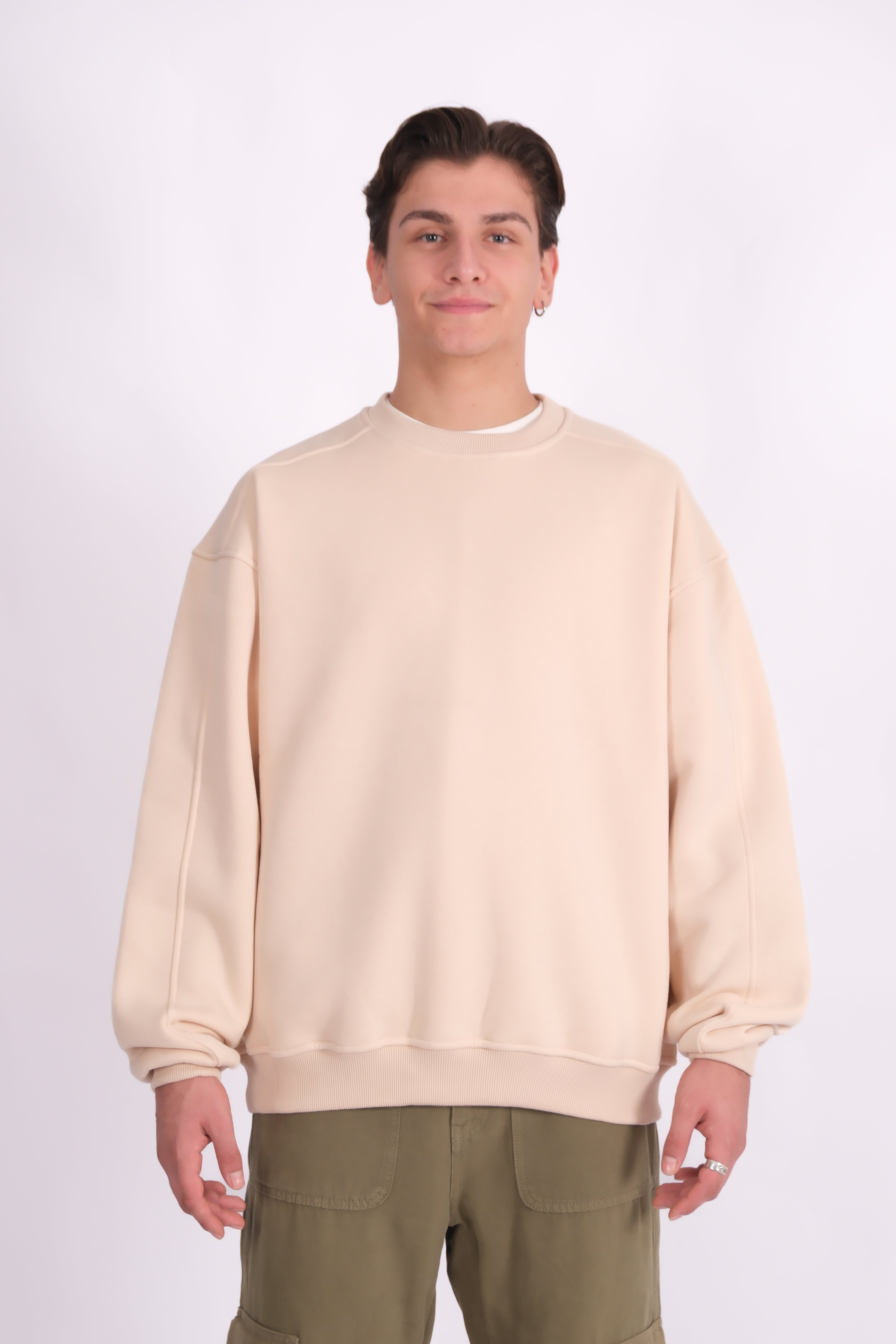 Bisiklet Yaka Basic Oversize Sweatshirt - Bej