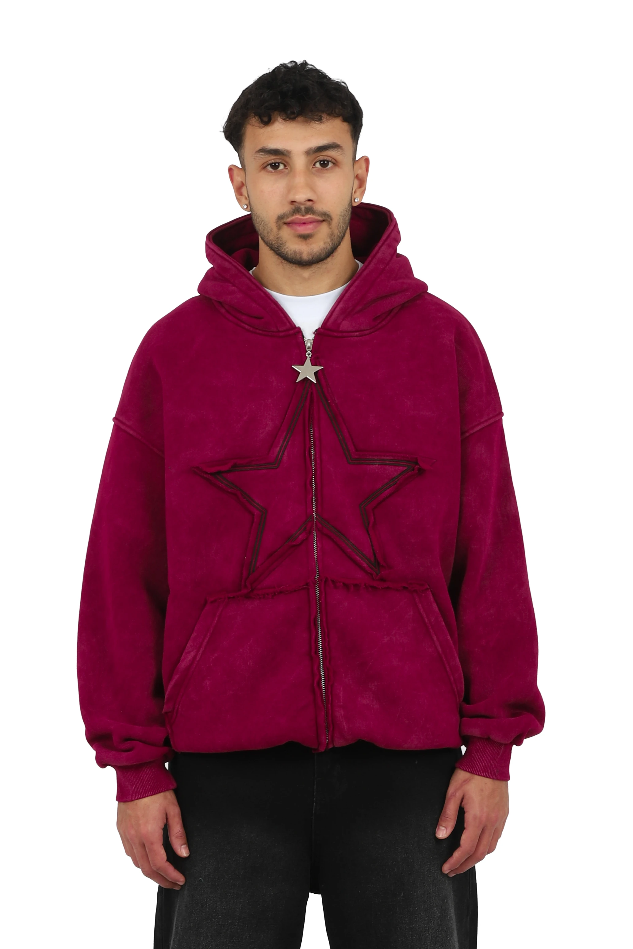 Premium Acid  Star Washed Nakışlı Boxy Full-Zip - Bordo