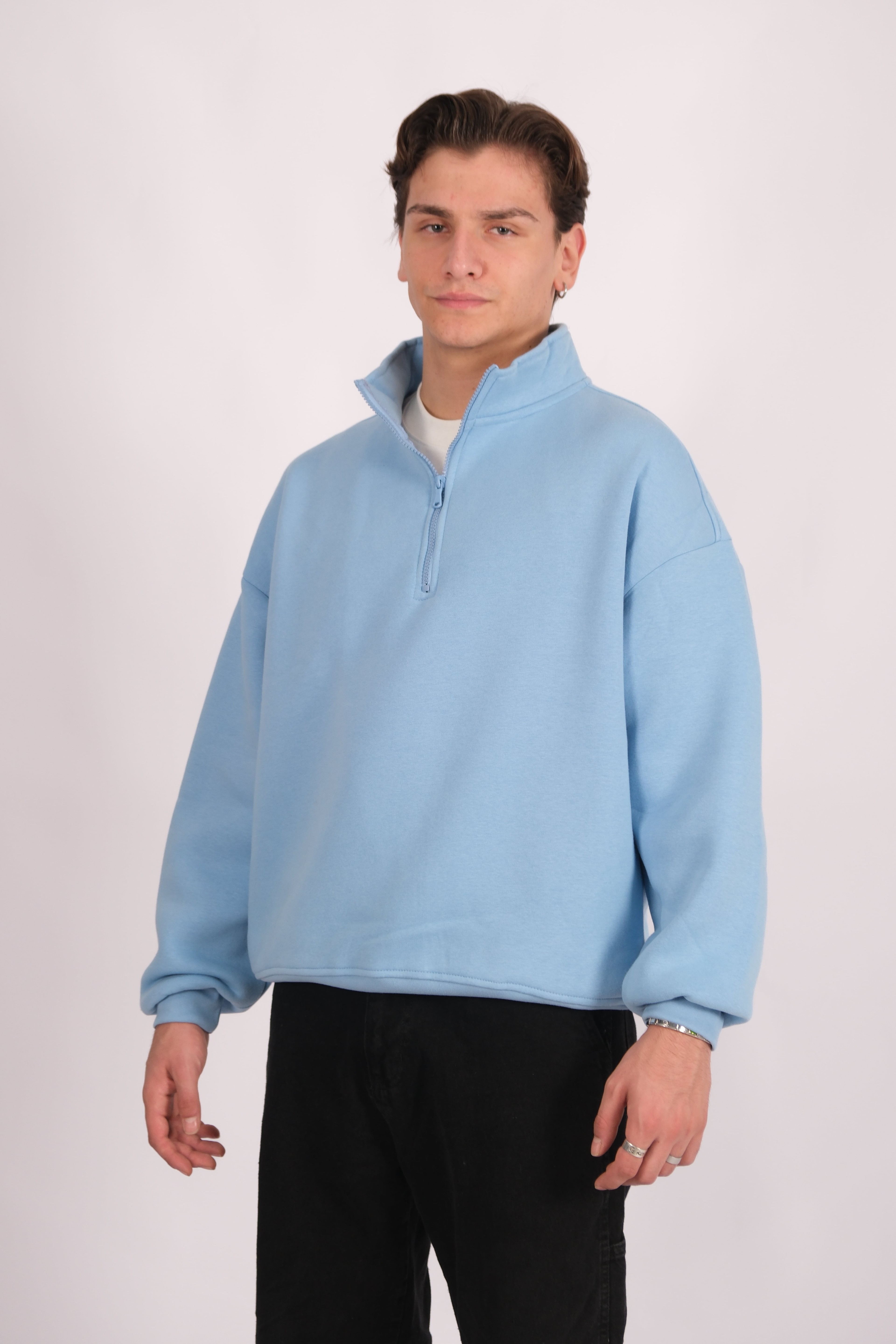 Half Zip Oversize Polo Yaka Sweatshirt - Bebek Mavisi