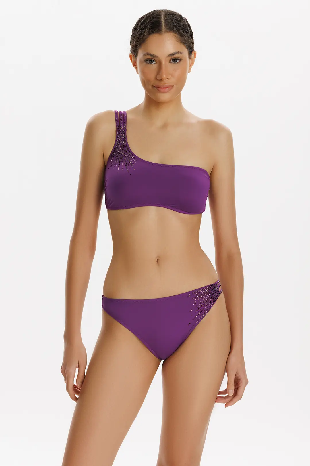 Ahşap Boncuk Detaylı Tek Omuz Bikini Takımı