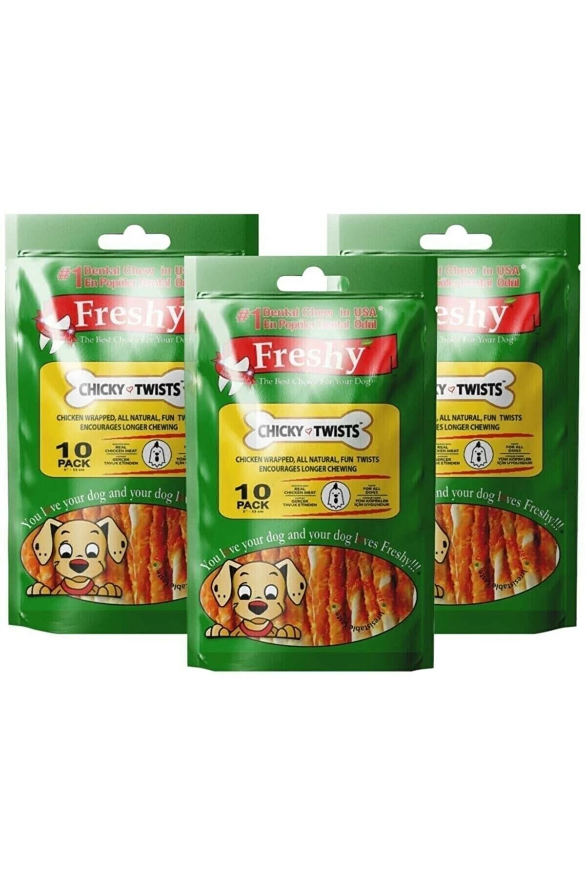 Freshy Tavuk Etli Kaplı Burgu Çubuk Kemik Köpek Ödül Maması X 3 Paket