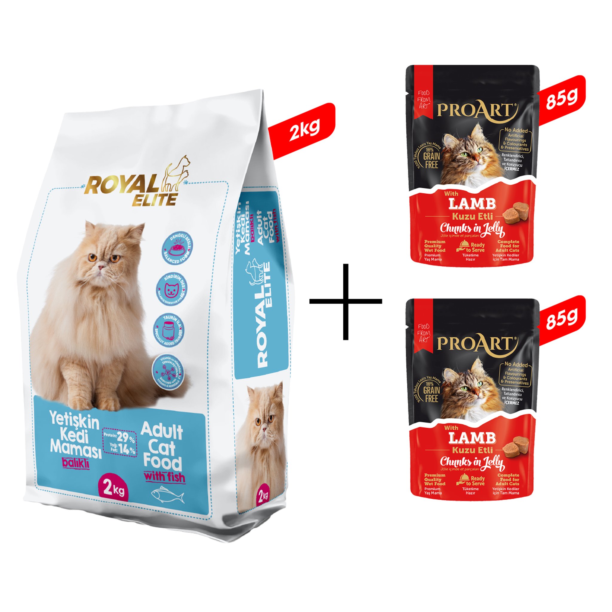 Royal Elite Balıklı Yetişkin Kedi Maması 2 Kg + 2 Adet Proart Jöleli Kuzu Etli Yetişkin Kedi Poşet Maması 85 Gr