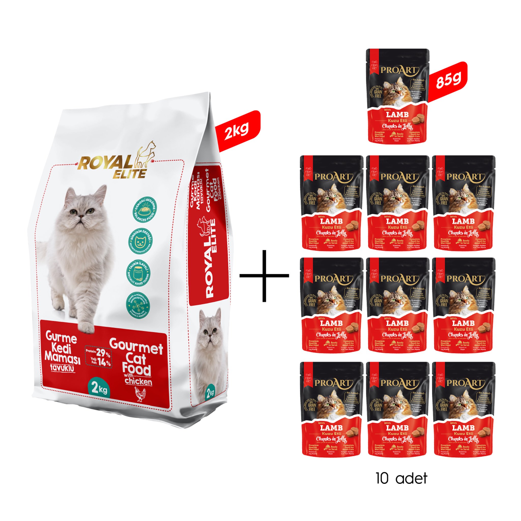 Royal Elite Gurme Yetişkin Kedi Maması 2 Kg + 10 Adet Proart Jöleli Kuzu Etli Yetişkin Kedi Poşet Maması 85 Gr