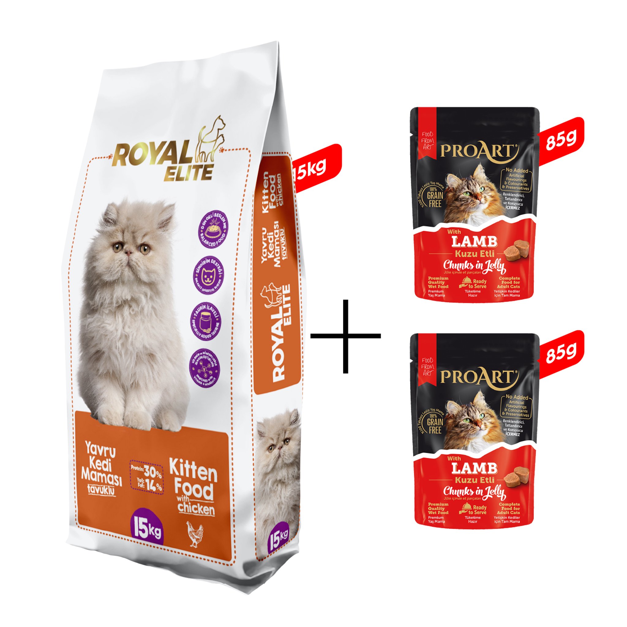 Royal Elite Tavuklu Yavru Kedi Maması 15 Kg + 2 Adet Proart Jöleli Kuzu Etli Yetişkin Kedi Poşet Maması 85 Gr