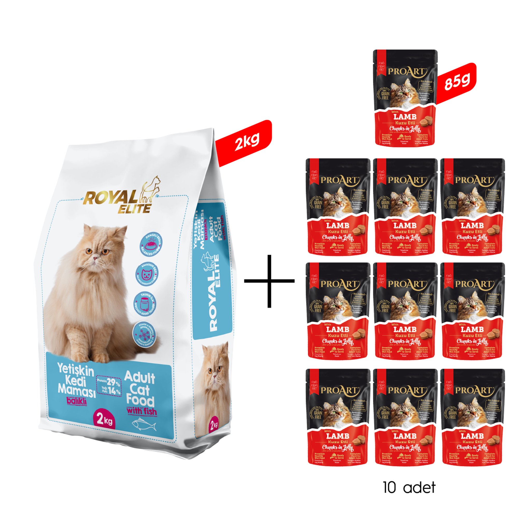 Royal Elite Balıklı Yetişkin Kedi Maması 2 Kg + 10 Adet Proart Jöleli Kuzu Etli Yetişkin Kedi Poşet Maması 85 Gr