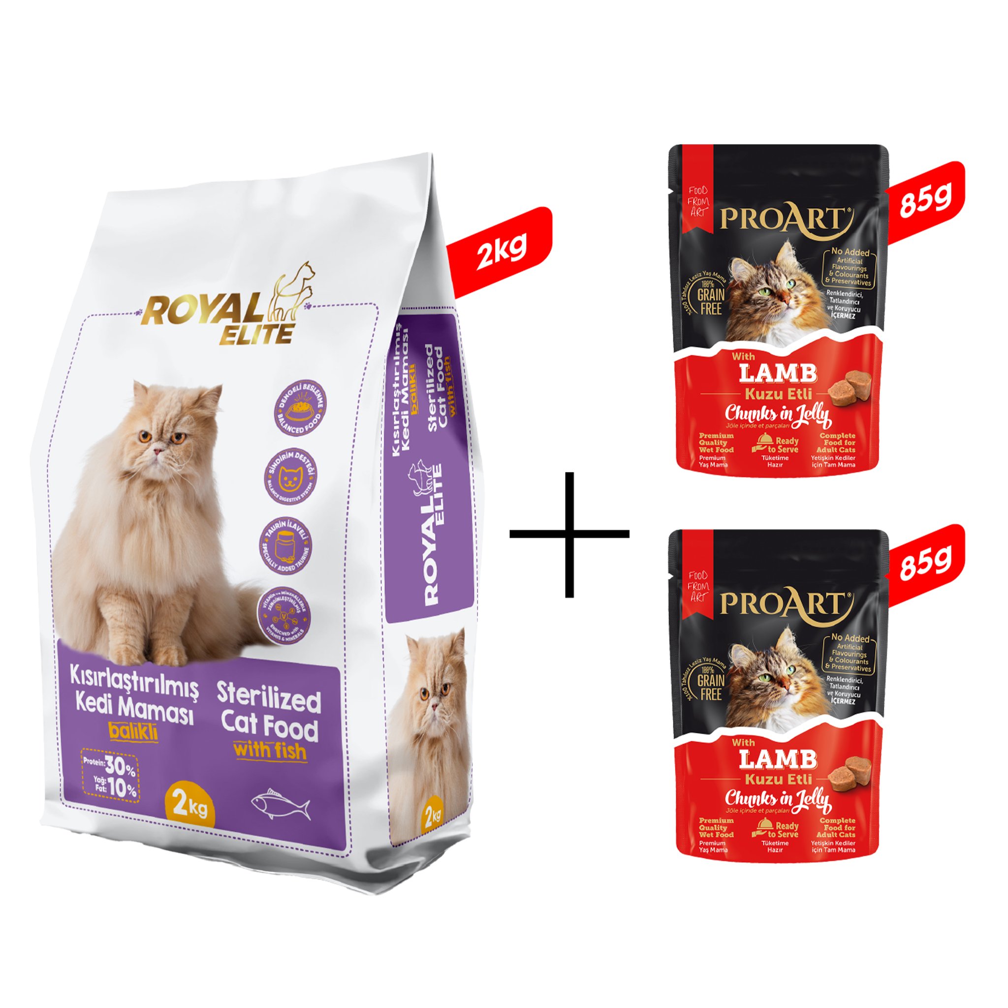 Royal Elite Kısırlaştırılmış Kedi Maması 2 Kg + 2 Adet Proart Jöleli Kuzu Etli Yetişkin Kedi Poşet Maması 85 Gr