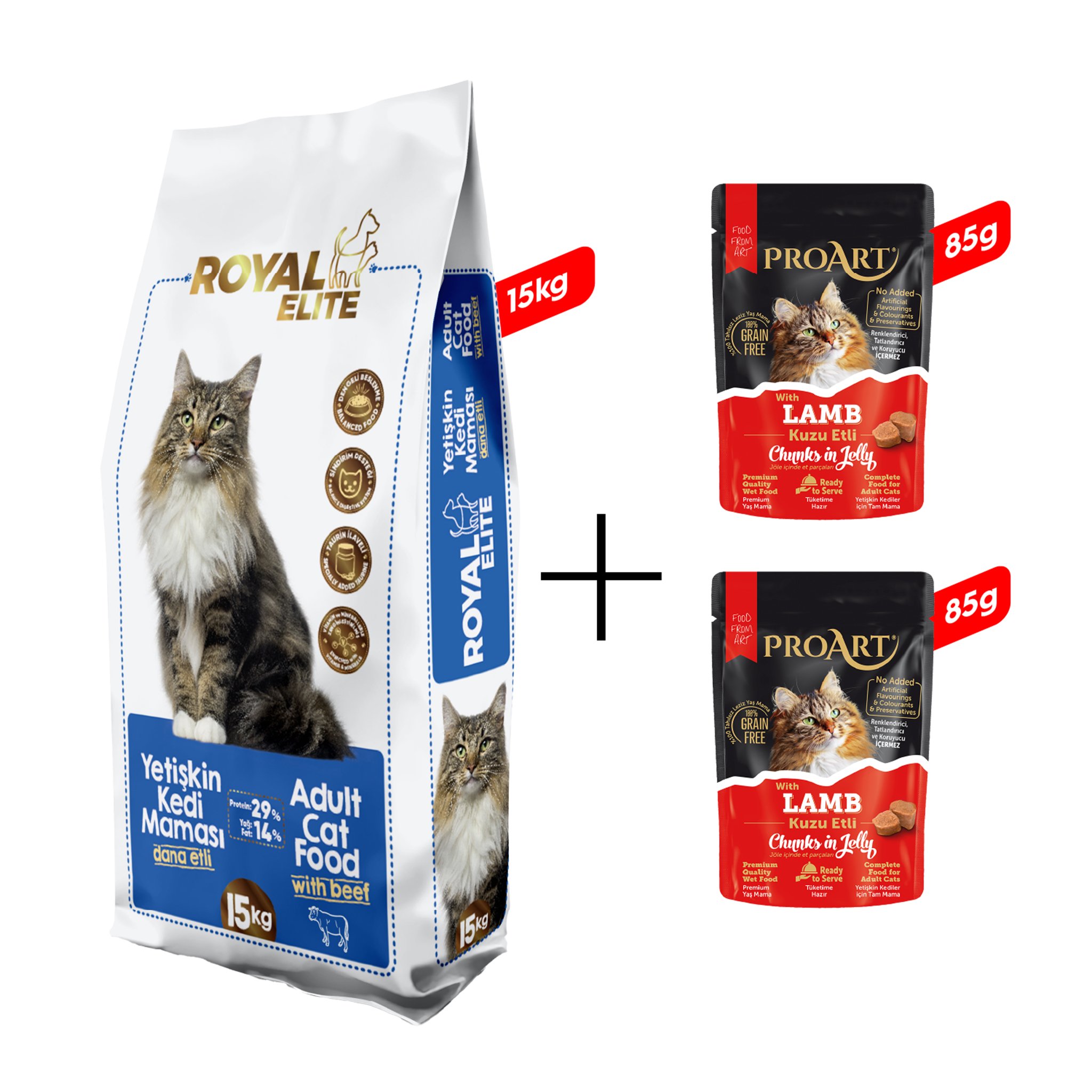 Royal Elite Dana Etli Yetişkin Kedi Maması 15 Kg + 2 Adet Proart Jöleli Kuzu Etli Yetişkin Kedi Poşet Maması 85 Gr