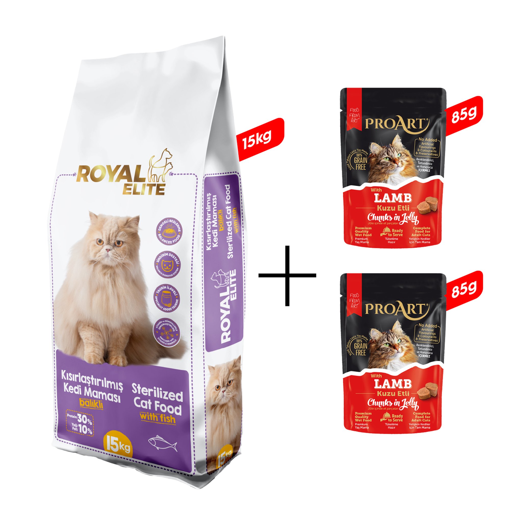 Royal Elite Kısırlaştırılmış Yetişkin Kedi Maması 15 Kg + 2 Adet Proart Jöleli Kuzu Etli Yetişkin Kedi Poşet Maması 85 Gr