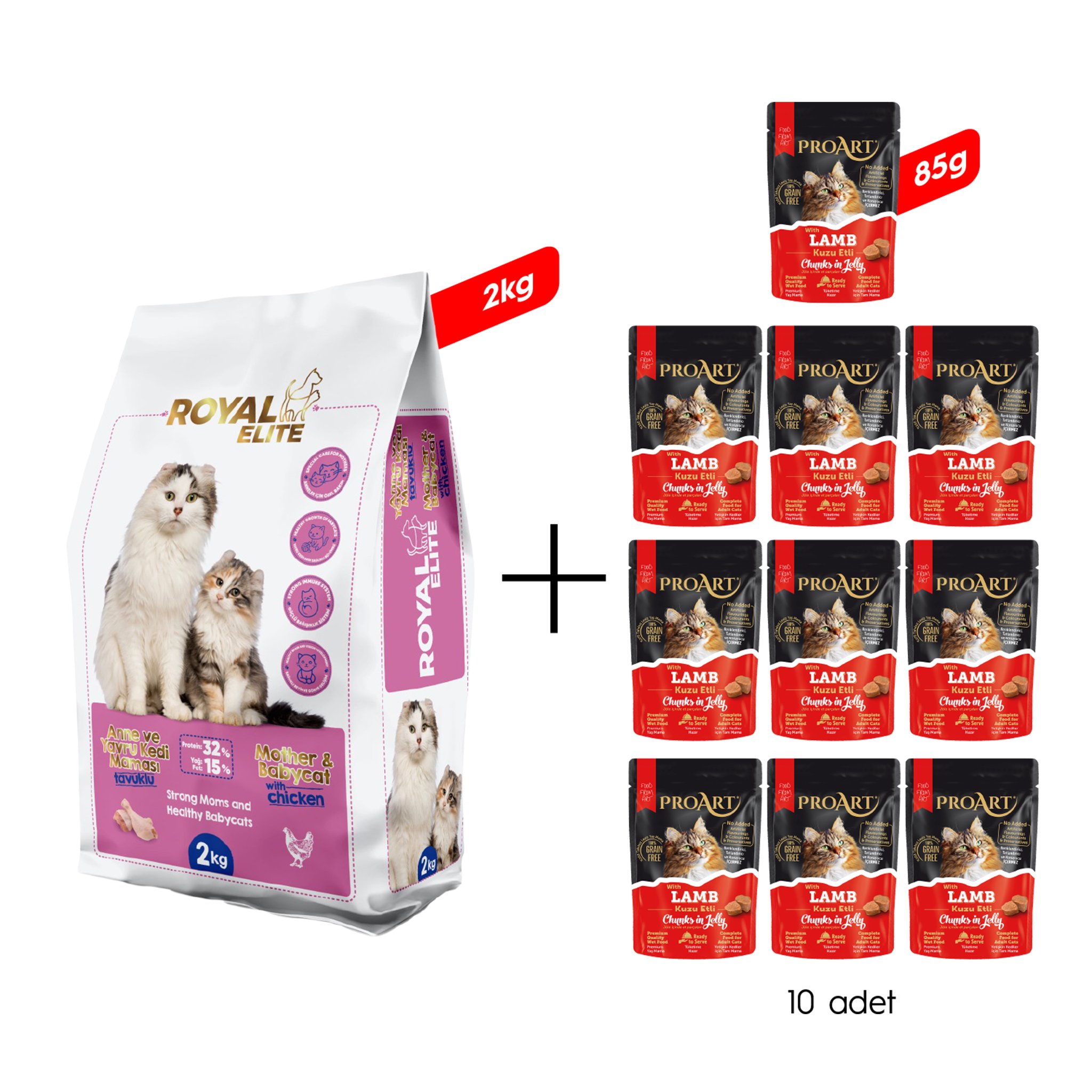 Royal Elite Tavuklu Anne ve Yavru Kedi Maması 2 Kg + 10 Adet Proart Jöleli Kuzu Etli Yetişkin Kedi Poşet Maması 85 Gr