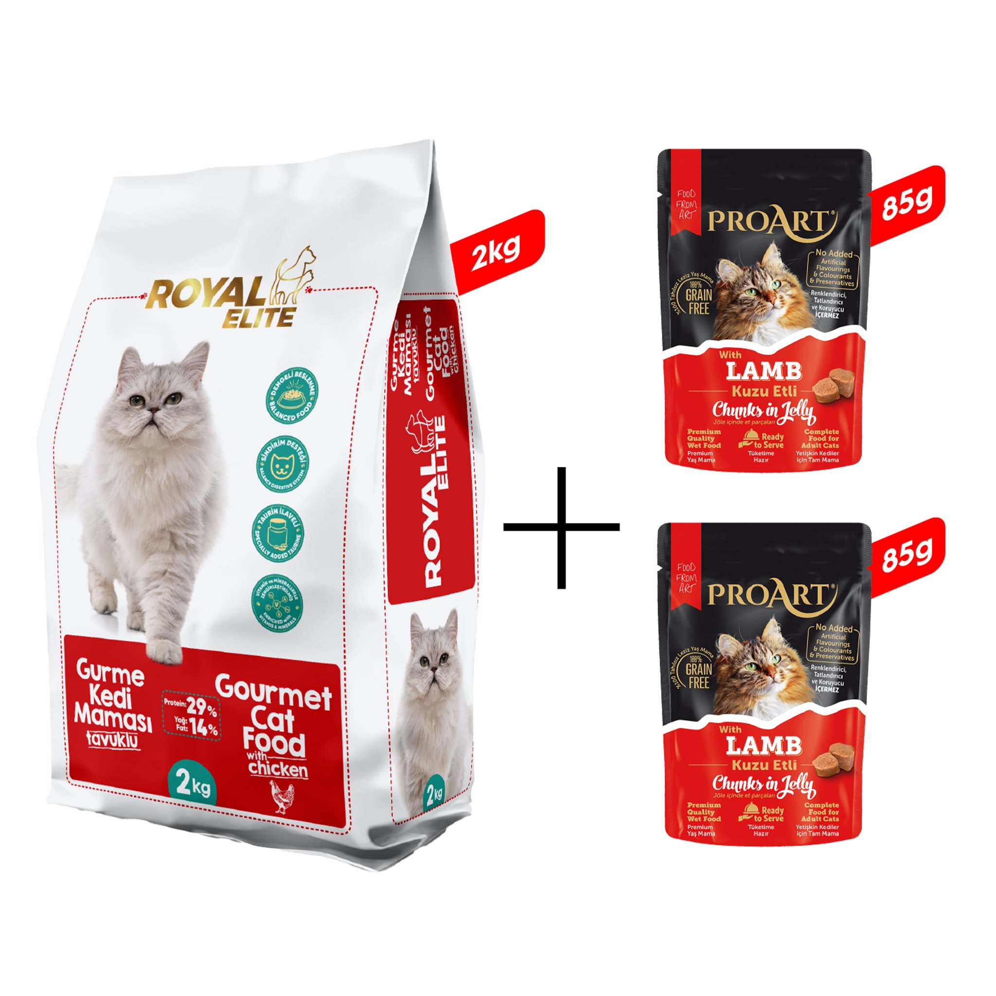Royal Elite Gurme Yetişkin Kedi Maması 2 Kg + 2 Adet Proart Jöleli Kuzu Etli Yetişkin Kedi Poşet Maması 85 Gr