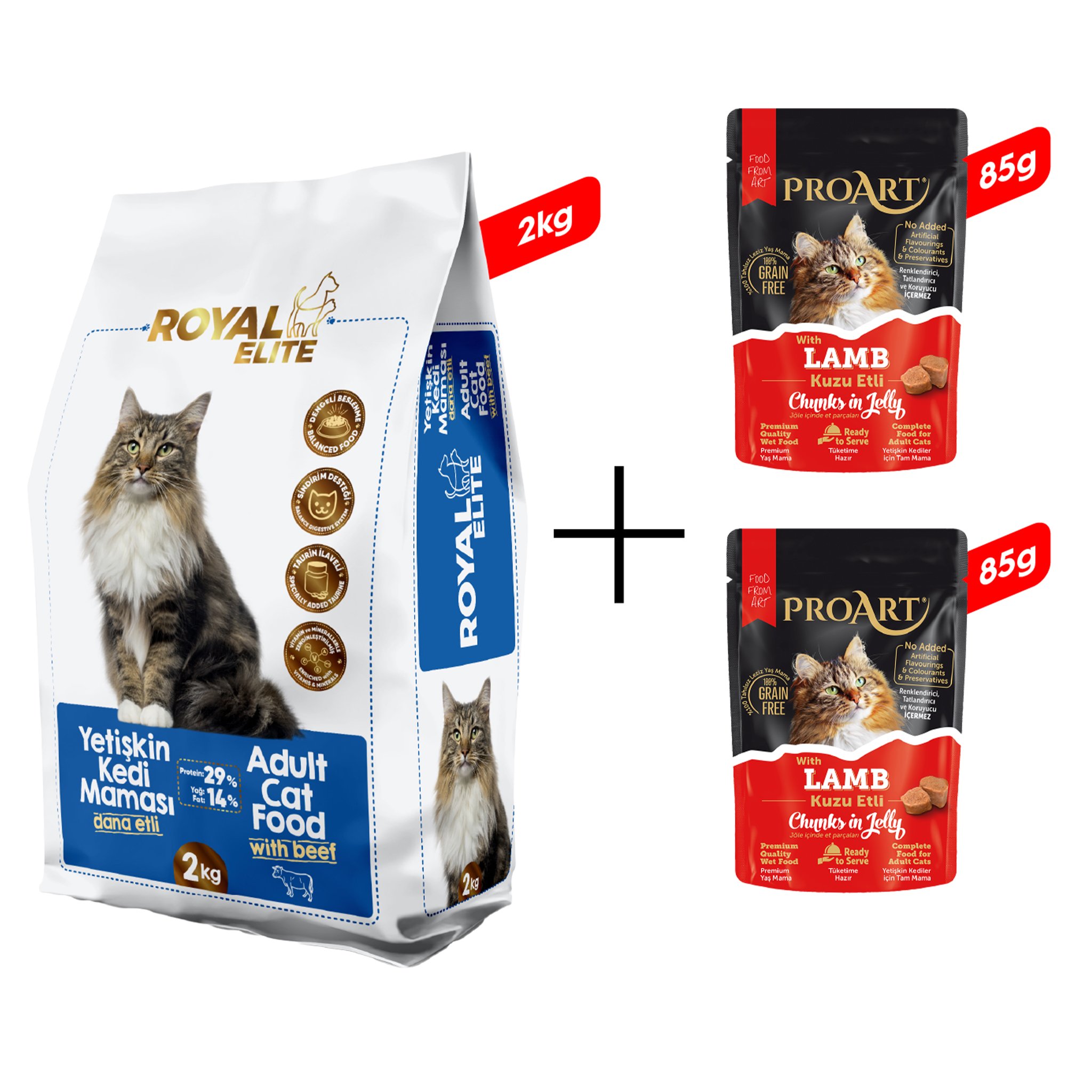 Royal Elite Dana Etli Yetişkin Kedi Maması 2 Kg + 2 Adet Proart Jöleli Kuzu Etli Yetişkin Kedi Poşet Maması 85 Gr