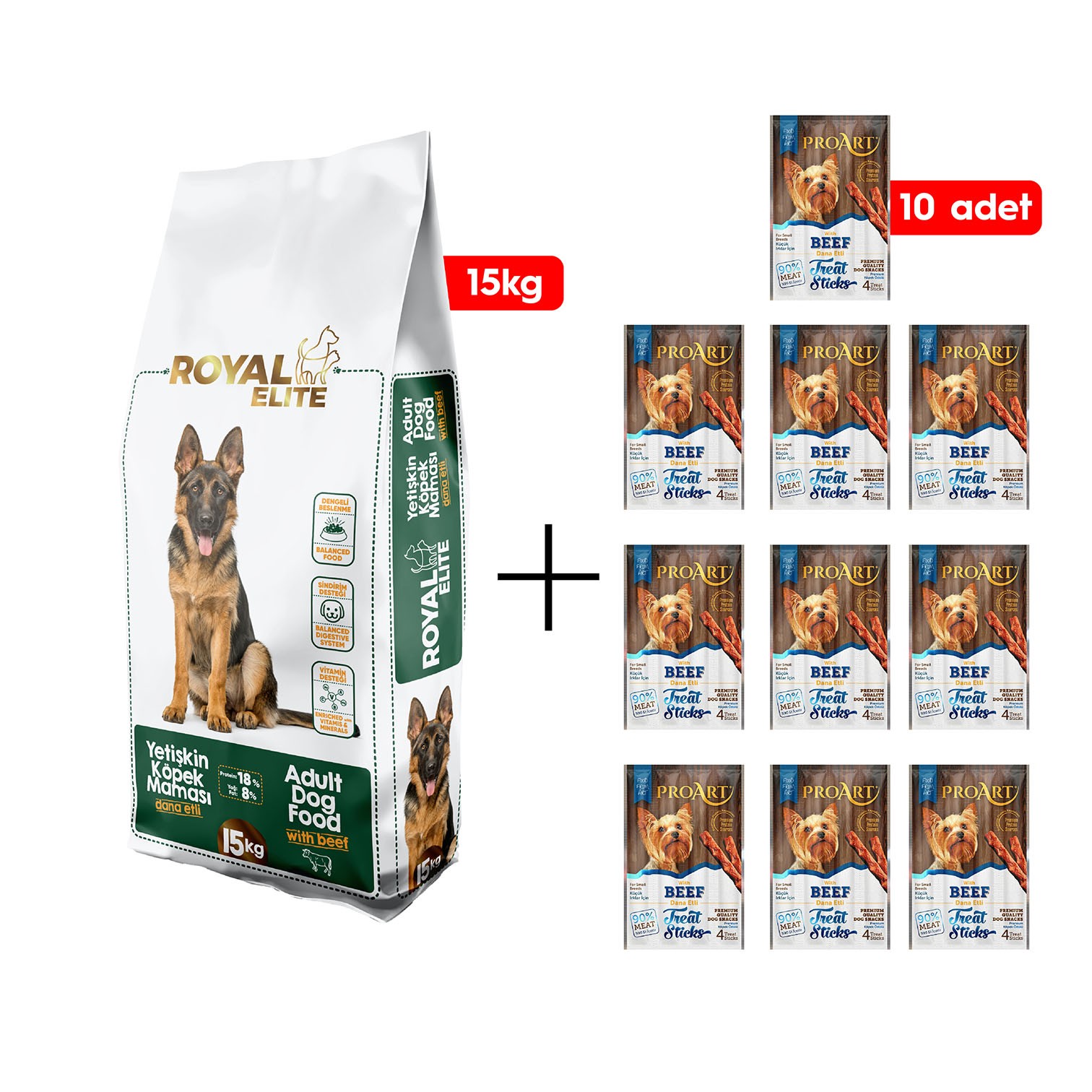 Royal Elite Yetişkin Köpek Maması 15 Kg + 10 Adet Proart Dana Etli Küçük Irk Köpek Ödül Çubuğu