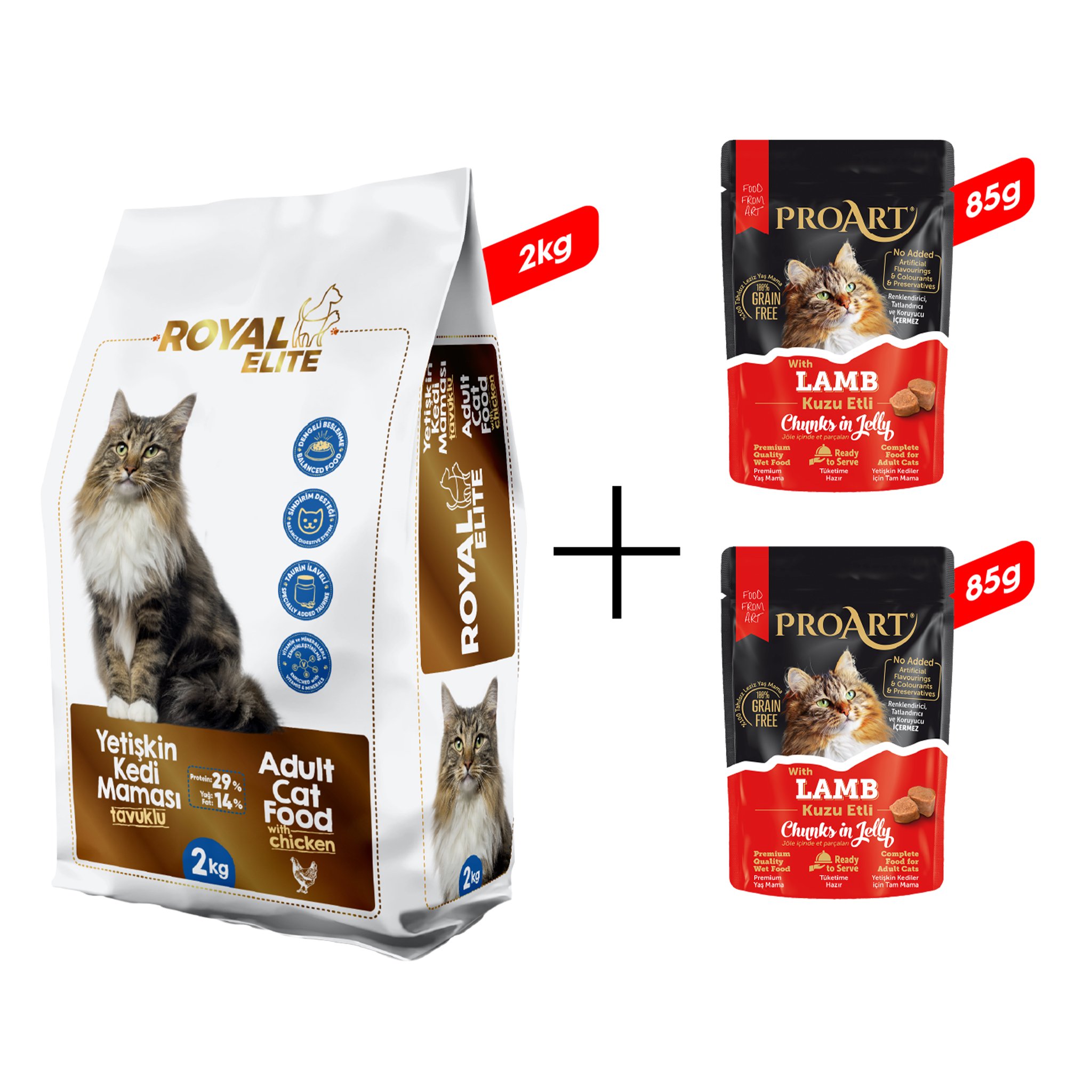 Royal Elite Tavuklu Yetişkin Kedi Maması 2 Kg + 2 Adet Proart Jöleli Kuzu Etli Yetişkin Kedi Poşet Maması 85 Gr
