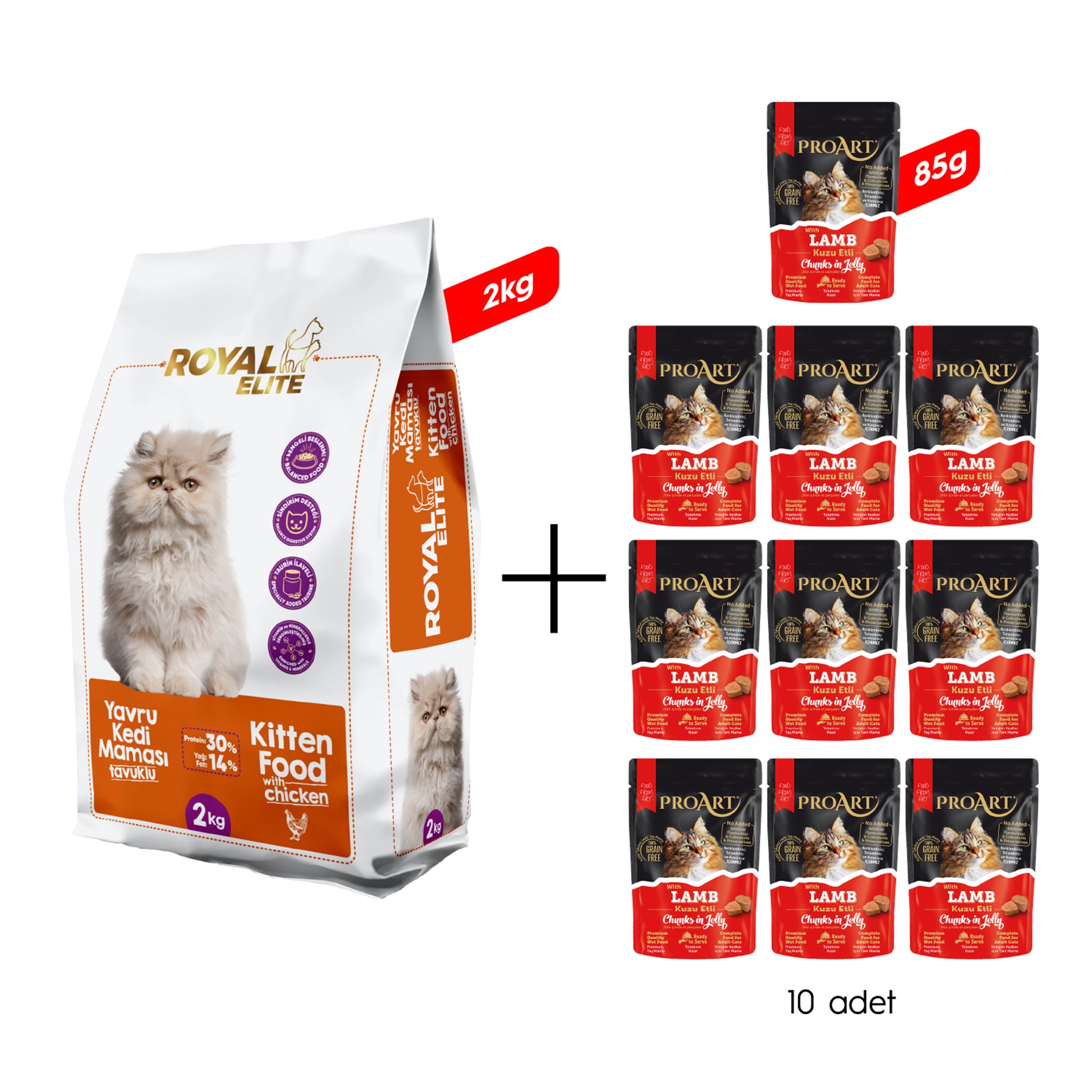 Royal Elite Tavuklu Yavru Kedi Maması 2 Kg + 10 Adet Proart Jöleli Kuzu Etli Yetişkin Kedi Poşet Maması 85 Gr