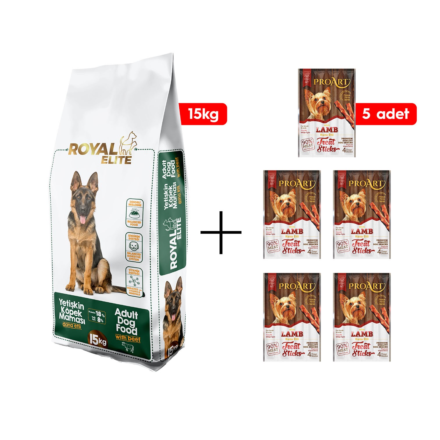 ROYAL ELITE YETİŞKİN KÖPEK MAMASI 15KG + 5 ADET KUZU ETLİ KÜÇÜK IRK KÖPEK ÖDÜL ÇUBUĞU