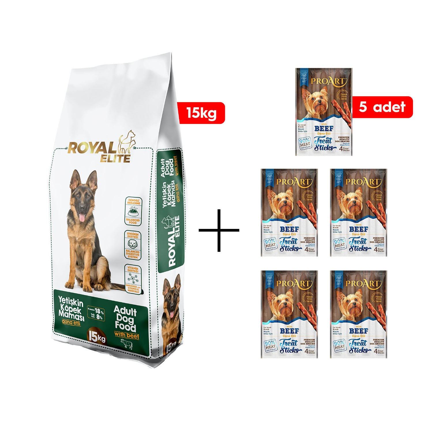 ROYAL ELITE YETİŞKİN KÖPEK MAMASI 15KG + 5 ADET DANA ETLİ KÜÇÜK IRK KÖPEK ÖDÜL ÇUBUĞU