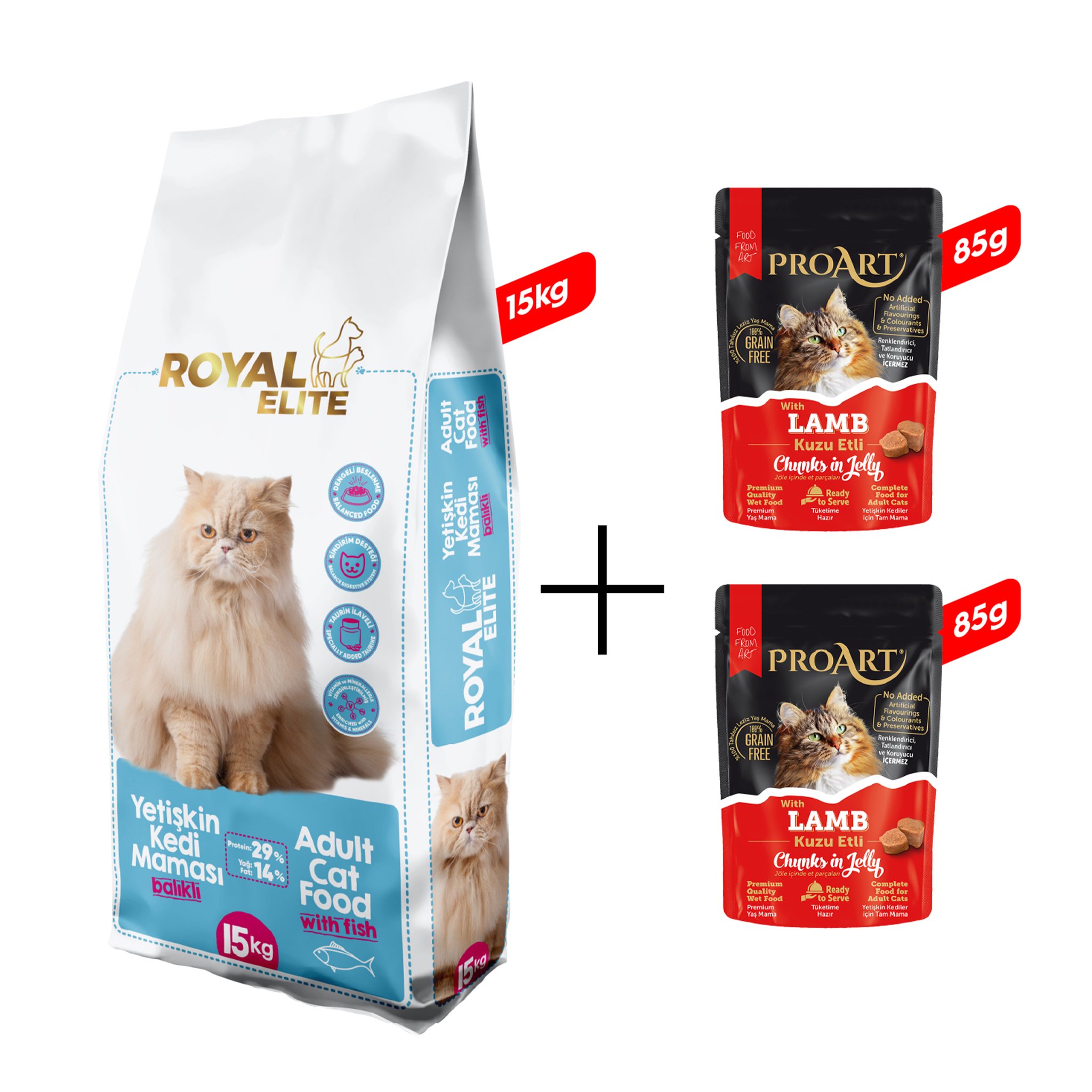 Royal Elite Balıklı Yetişkin Kedi Maması 15 kg + 2 Adet Proart Jöleli Kuzu Etli Yetişkin Kedi Poşet Maması 85 Gr