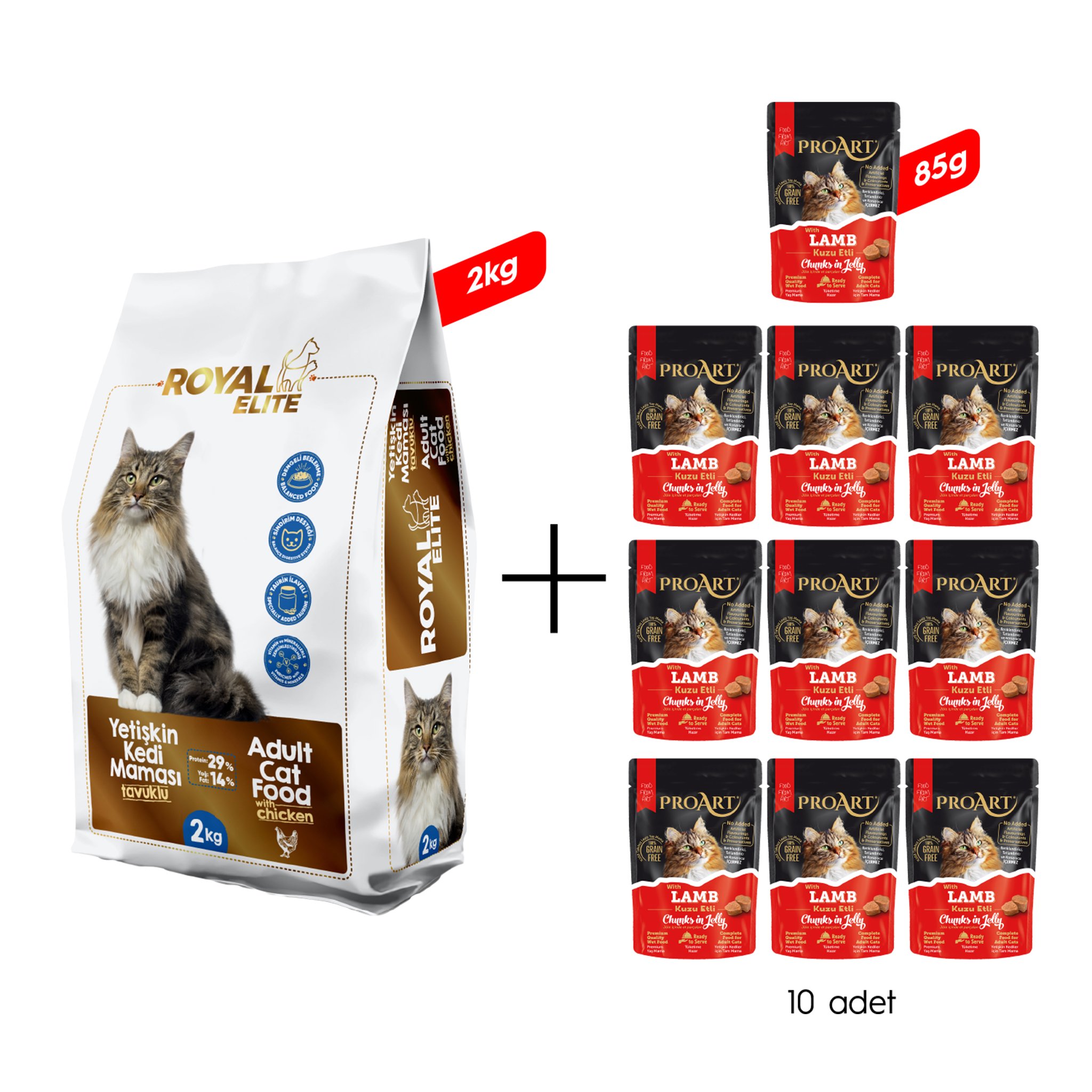 Royal Elite Tavuklu Yetişkin Kedi Maması 2 Kg + 10 Adet Proart Jöleli Kuzu Etli Yetişkin Kedi Poşet Maması 85 Gr