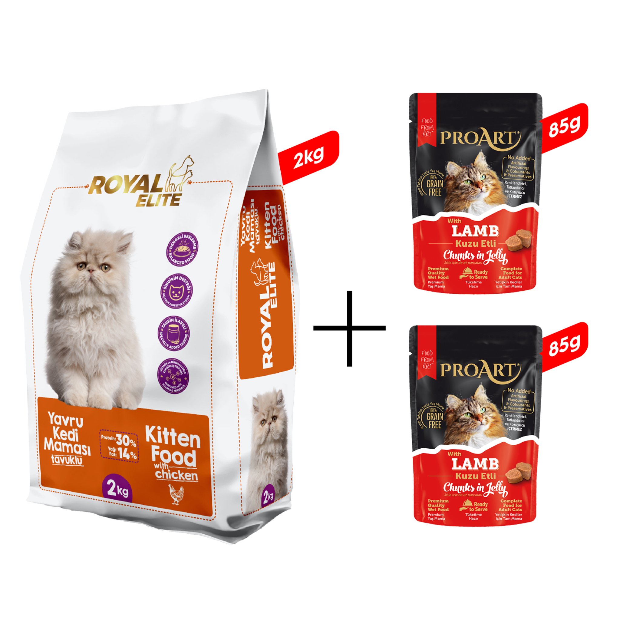 Royal Elite Tavuklu Yavru Kedi Maması 2 Kg + 2 Adet Proart Jöleli Kuzu Etli Yetişkin Kedi Poşet Maması 85 Gr