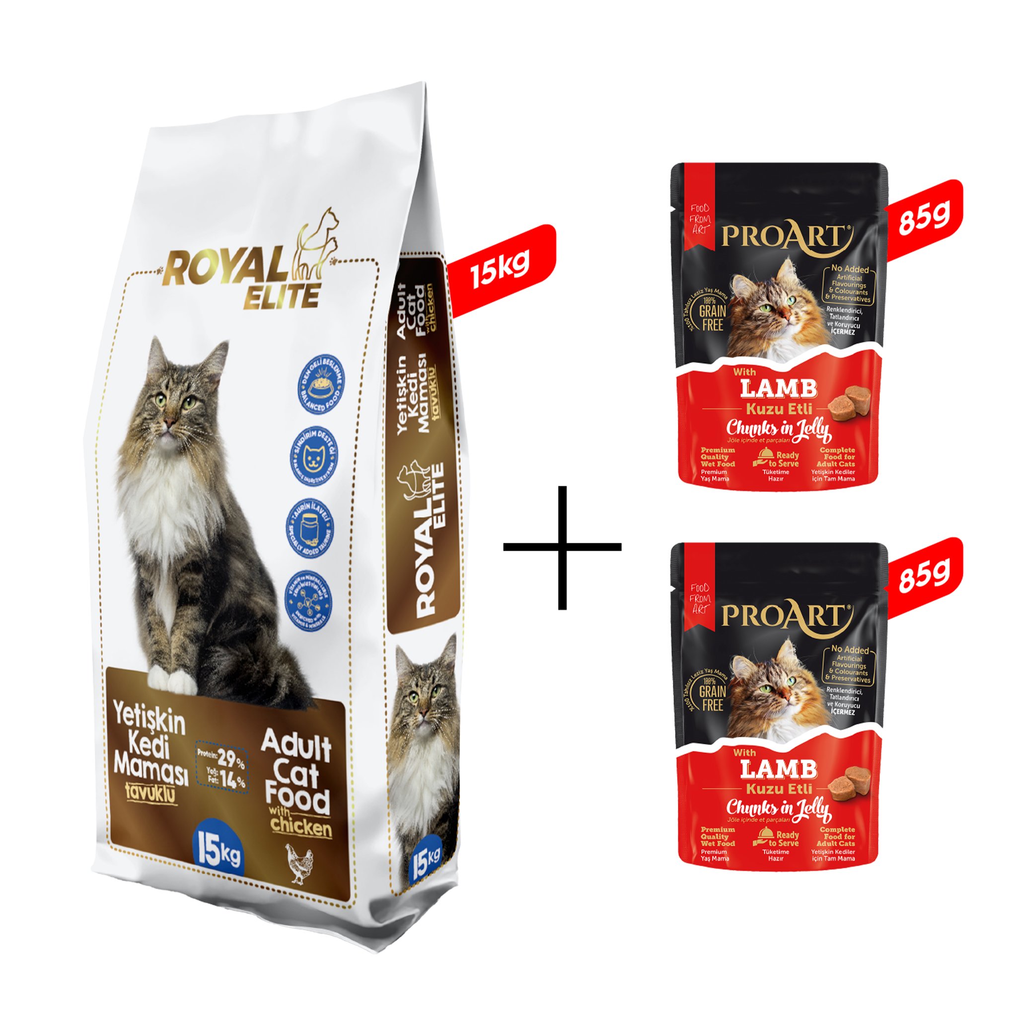 Royal Elite Tavuklu Yetişkin Kedi Maması 15 Kg + 2 Adet Proart Jöleli Kuzu Etli Yetişkin Kedi Poşet Maması 85 Gr
