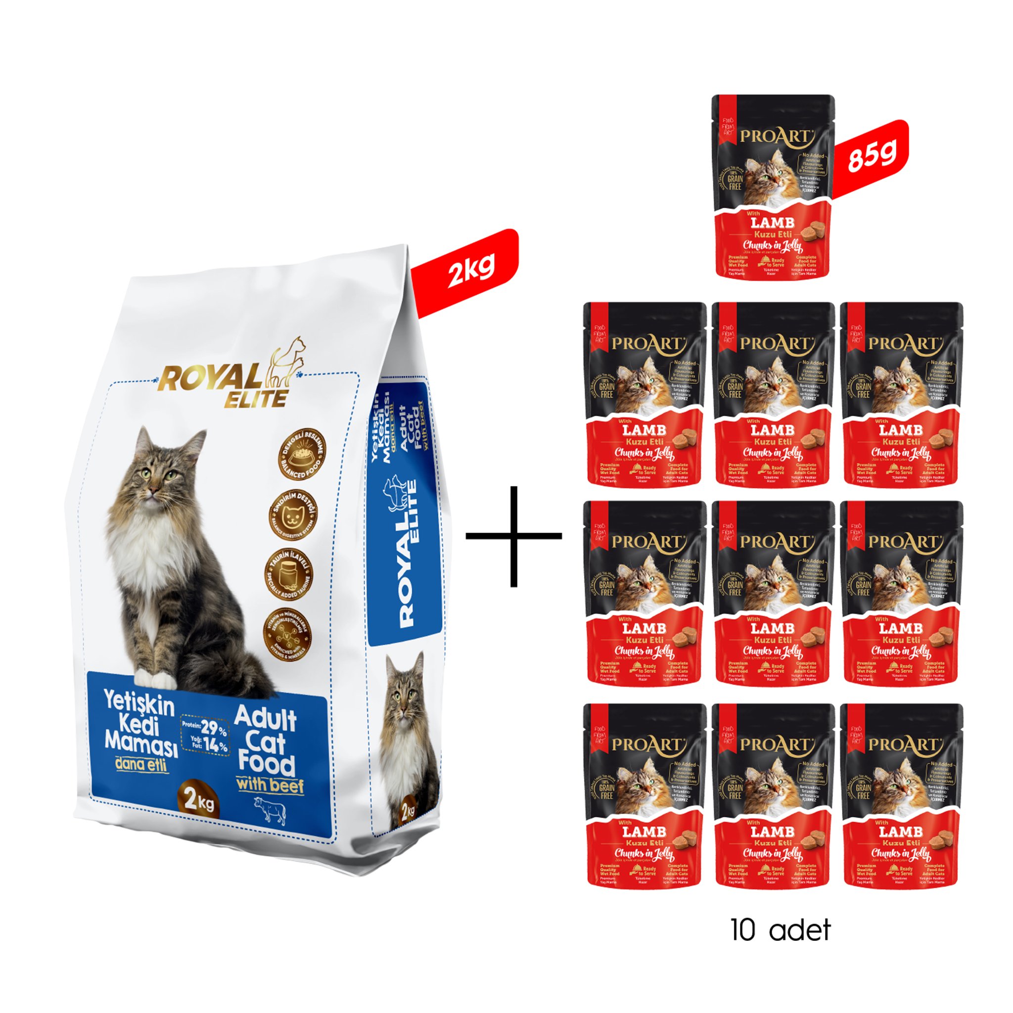 Royal Elite Dana Etli Yetişkin Kedi Maması 2 Kg + 10 Adet Proart Jöleli Kuzu Etli Yetişkin Kedi Poşet Maması 85 Gr