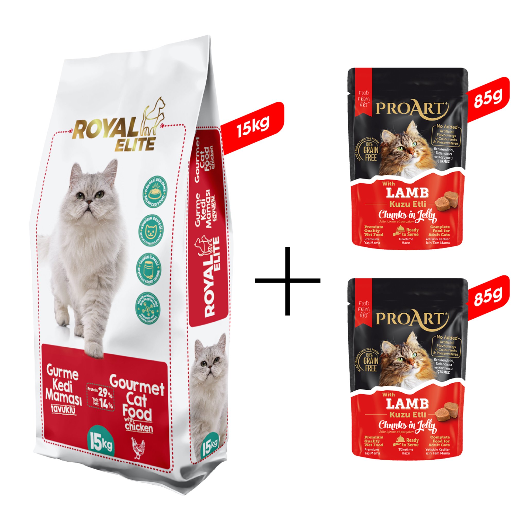 Royal Elite Gurme Yetişkin Kedi Maması 15 Kg + 2 Adet Proart Jöleli Kuzu Etli Yetişkin Kedi Poşet Maması 85 Gr