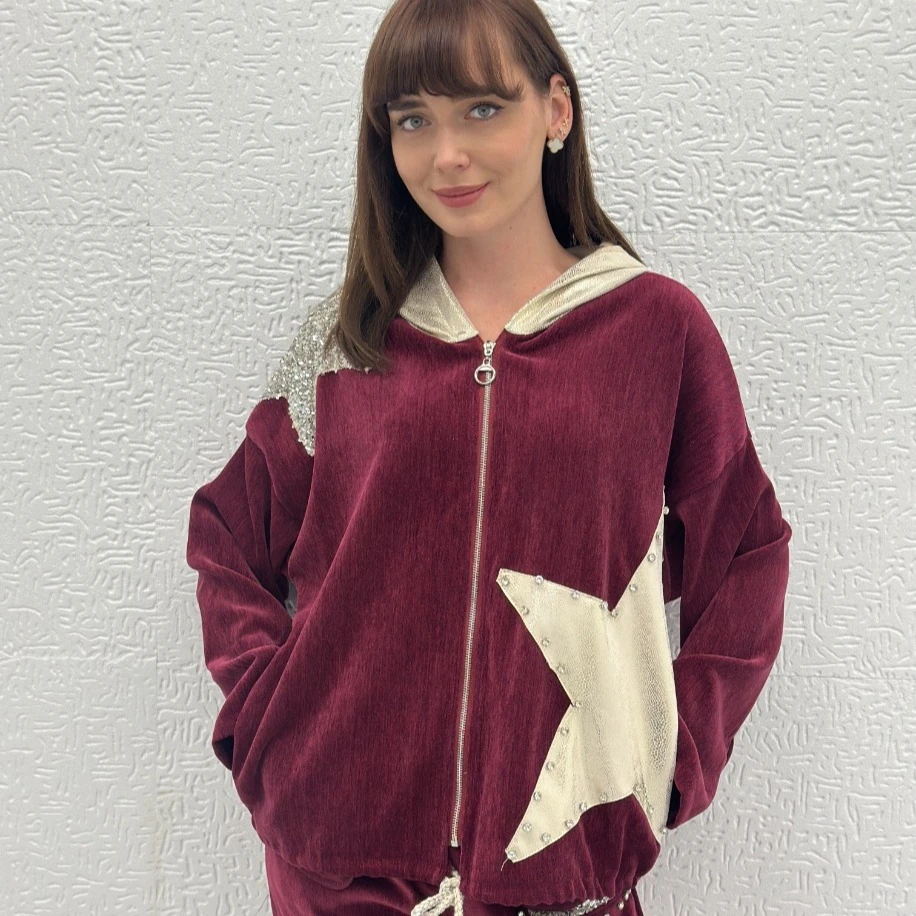 İTHAL YILDIZ DESEN FERMUARLI KAPÜŞONLU KADİFE CEKET